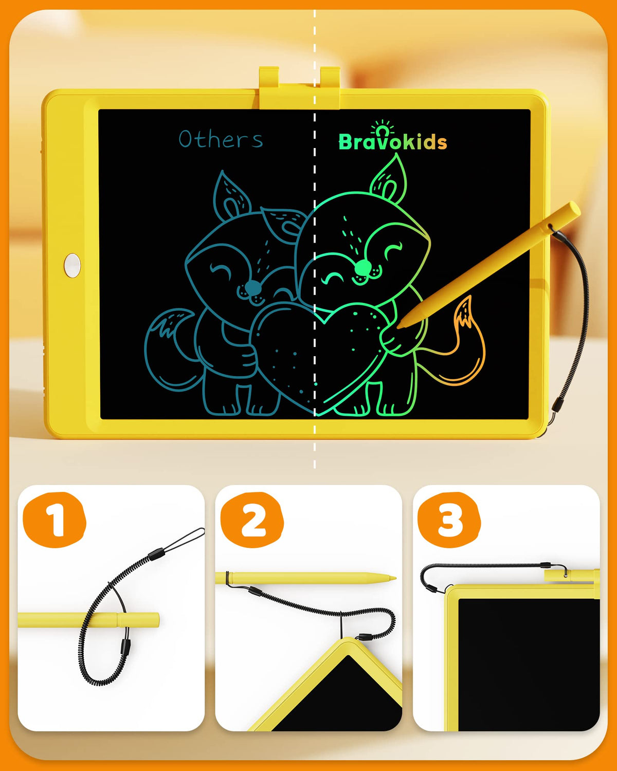 Bravokids LCD Writing Tablet for 3-8 Year Old Girls and Boys - 10 Inch Electronic Doodle Board Drawing Pad, Educational Birthday Gift for Kids and Toddlers (Yellow)