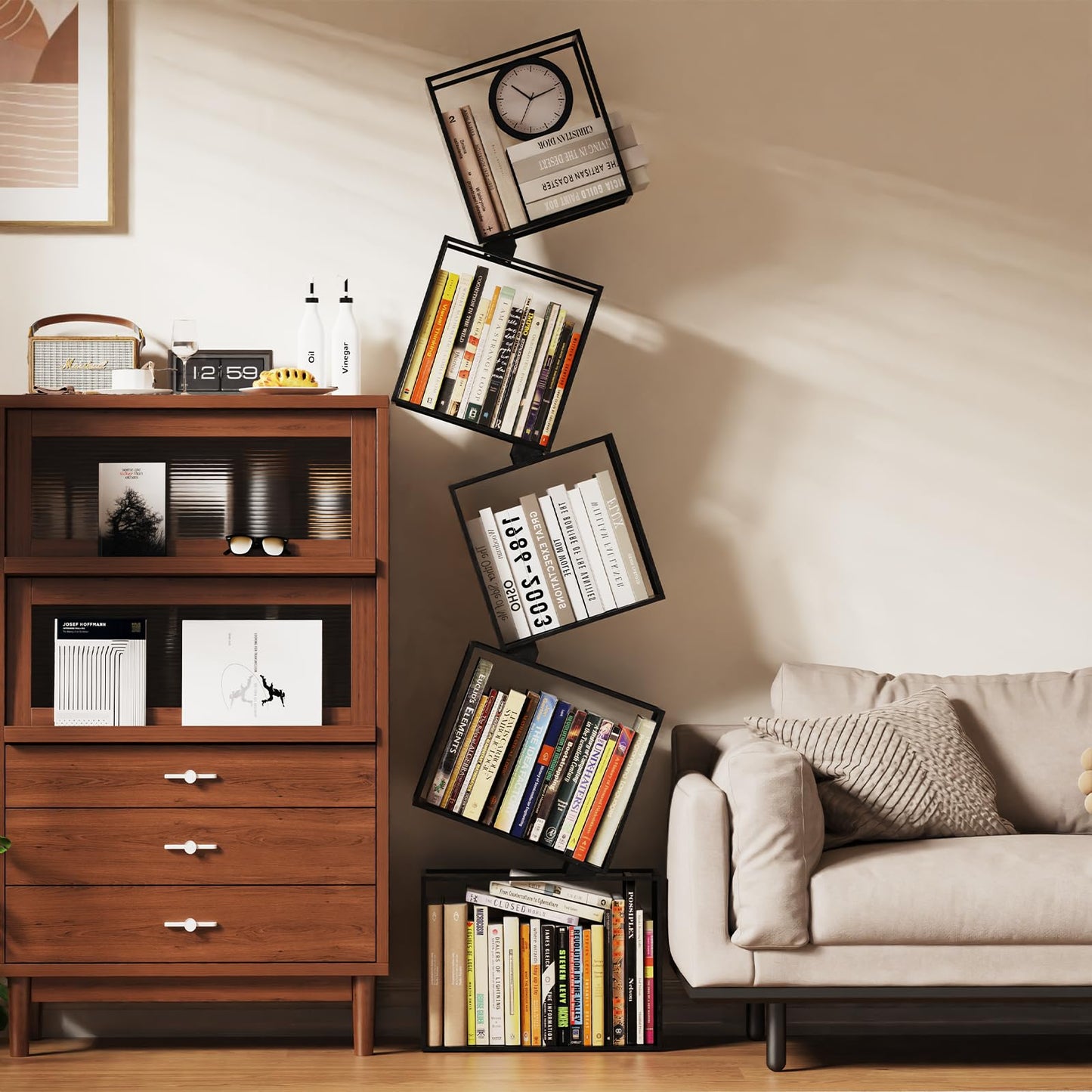 Kunicely 5-Tier Metal Geometric Bookshelf – Modern Narrow Floor Bookcase, Space-Saving Organizer for Living Room, Bedroom, Office, Corner – Black