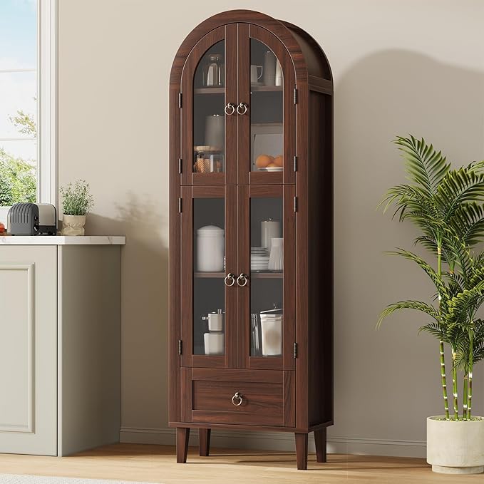 71" Tall Arched Cabinet with Acrylic Door, Modern Curio Arched Bookcase with