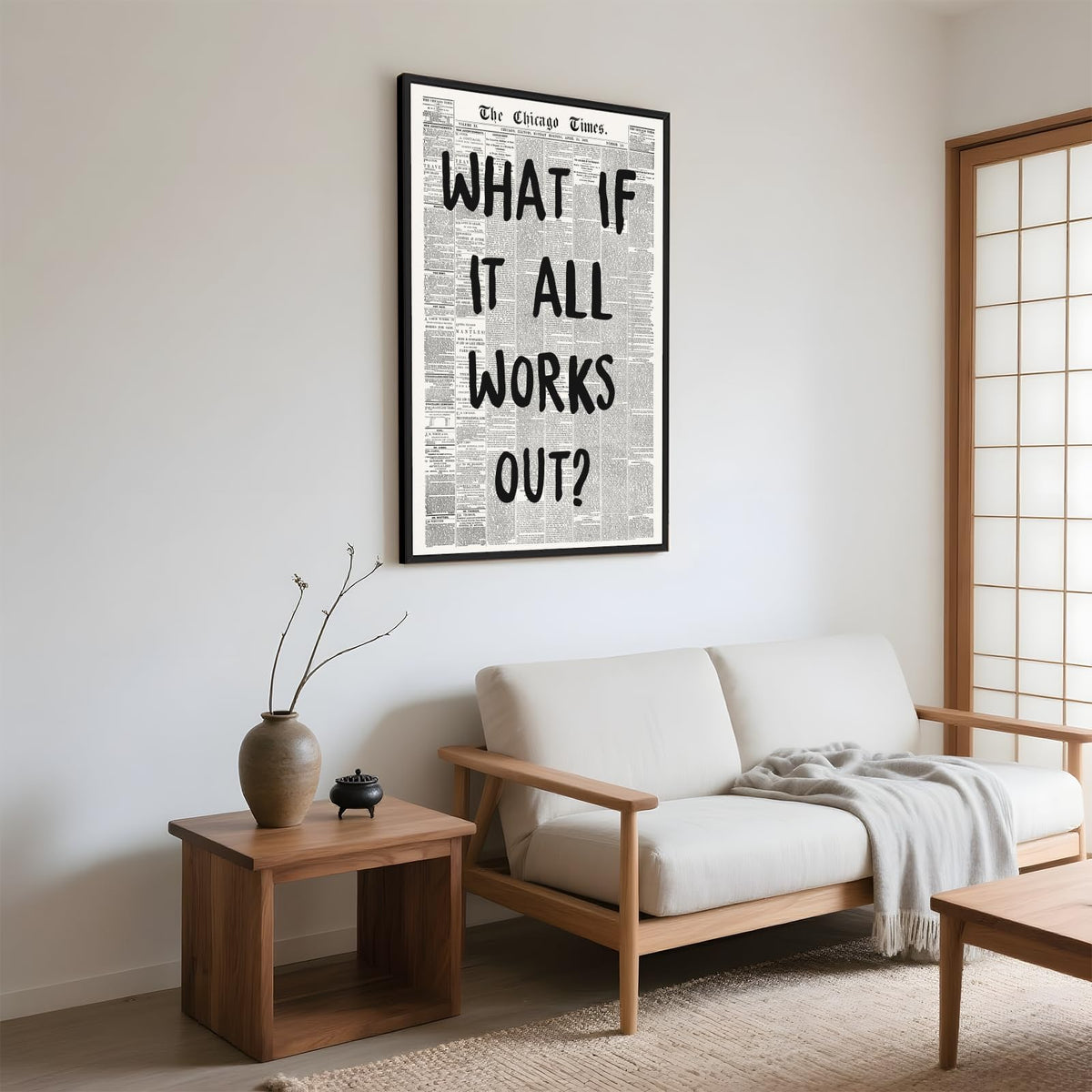 Framed What If It All Works Out Wall Art Black and White Retro Newspaper Poster Positive Motivational Canvas Print Painting Inspirational Quote Picture Wall Decor for Office Home Bedroom 12x16inch
