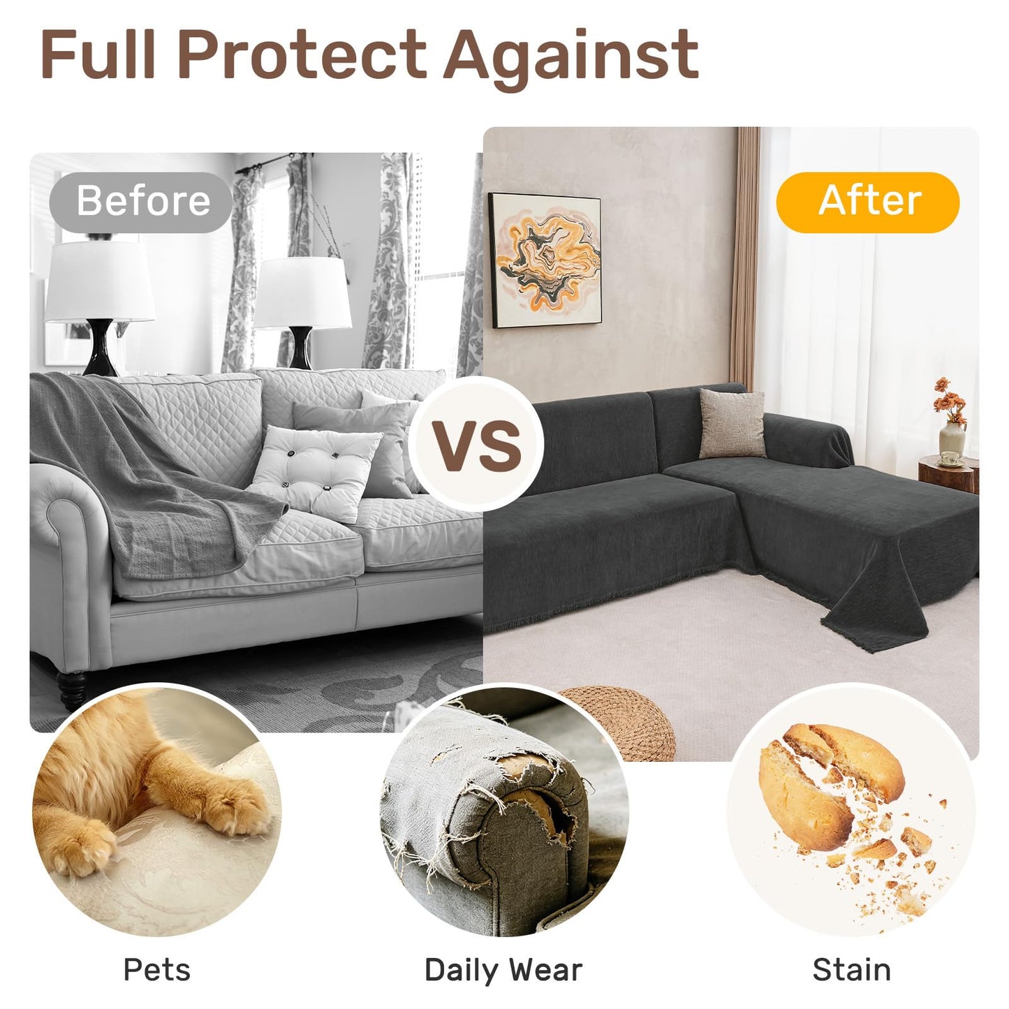 Houmiggle Sectional Couch Covers, 2 Pieces Washable L Shaped Couch Covers Sofa Blanket for Dogs Pet Friendly Sectional Sofa Slipcovers Furniture Covers,71"x118"+91"x134",(XXX-Large,Charcoal Gray)
