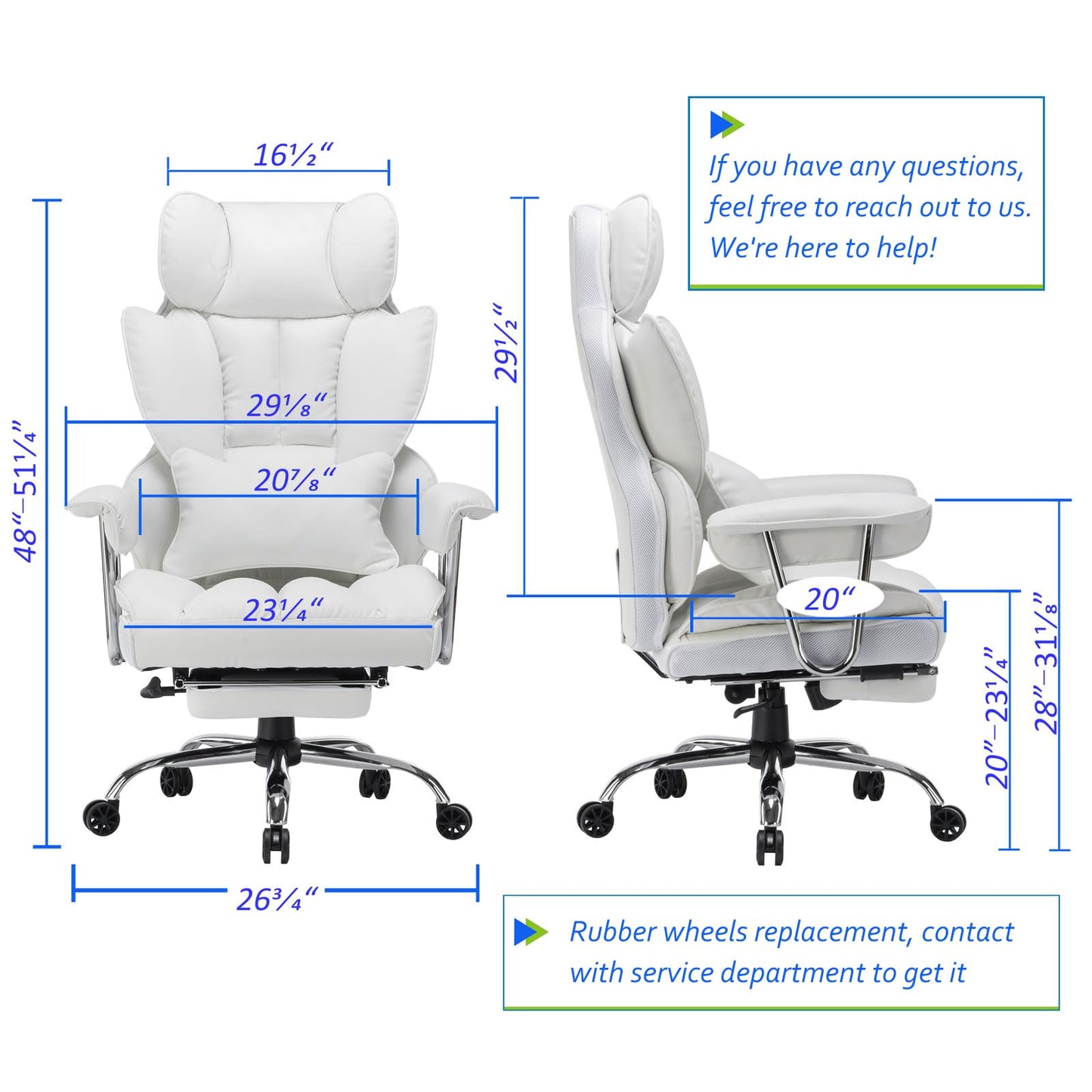 Efomao Big and Tall Office Chair 400lbs, Executive PU Leather Desk Chair with Footrest & Lumbar Support, Heavy Duty Computer Seating for Home, White