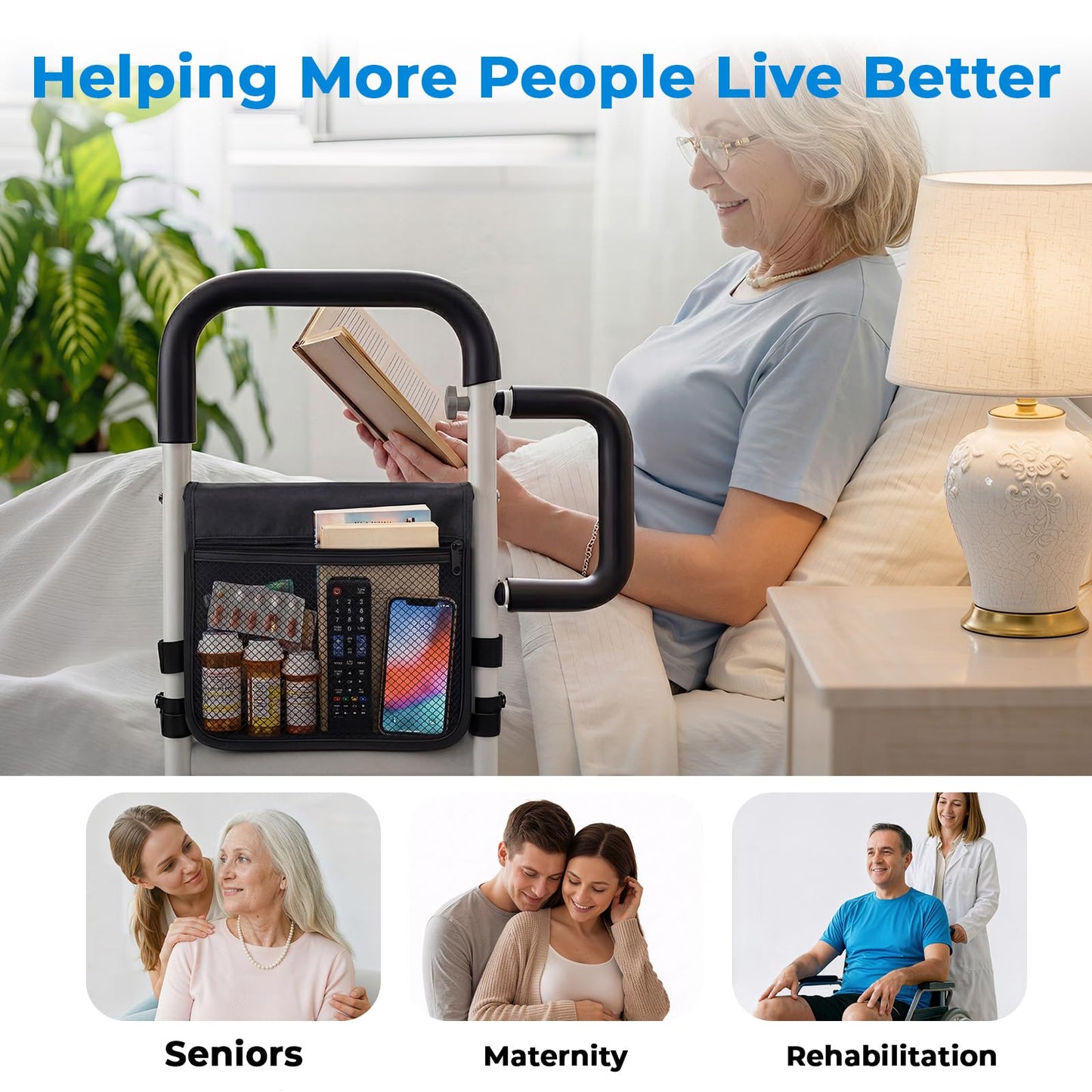 Bed Rails for Elderly Adults Safety, ASTM Certified Bed Rail for Seniors with Motion Sensor Light, Non-Slip Handle & Storage Bag, Height Adjustable Bed Assist Bar with 400LBS Support, Dark Black
