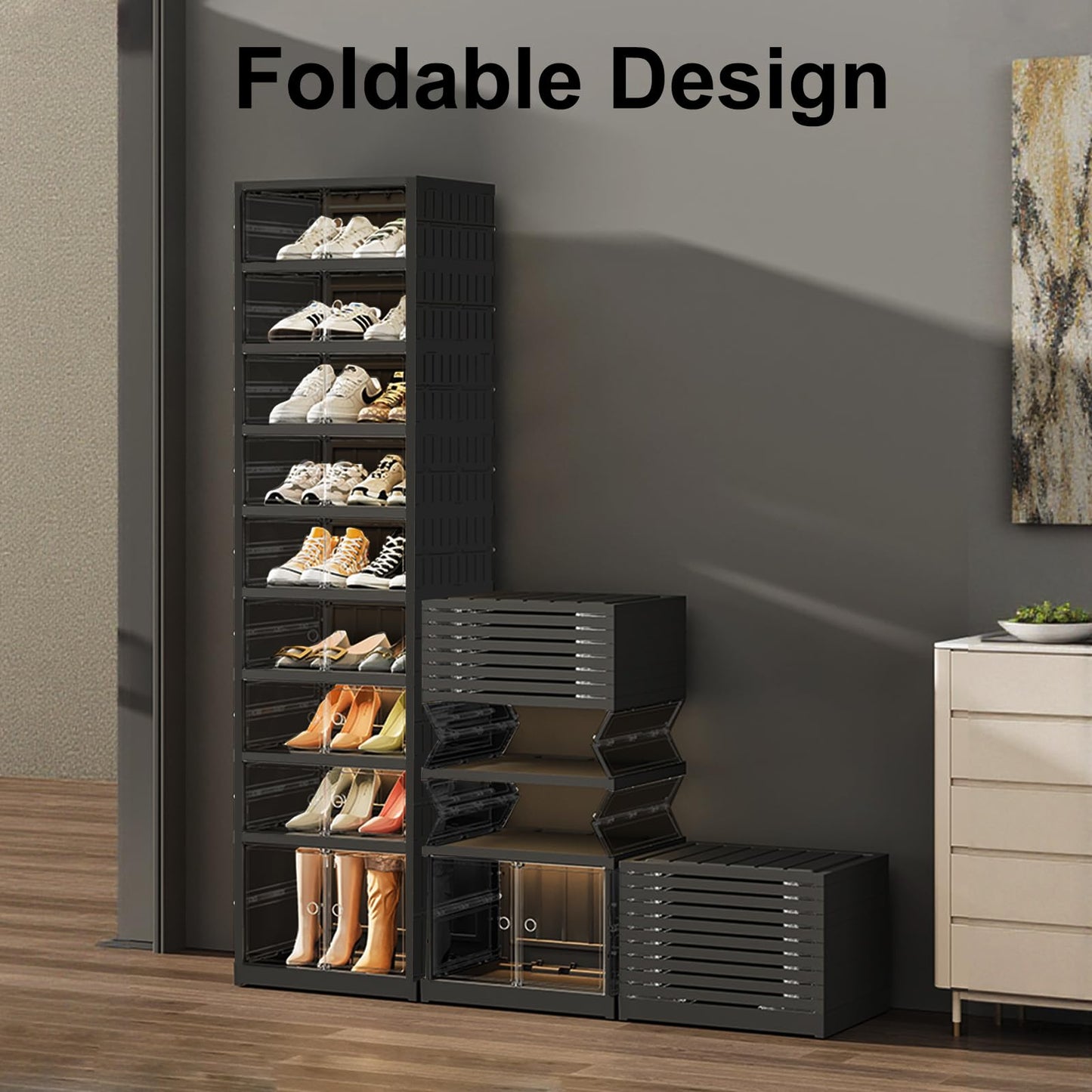 SYNCVIBE Shoe Rack Organizer for Closet Entryway Foldable Sneaker Storage Shoe, Collapsible Shoe Cabinet, Stackable Shoe Storage Cabinet with Lids for Living Room (9 Tiers -18 Pairs Black)