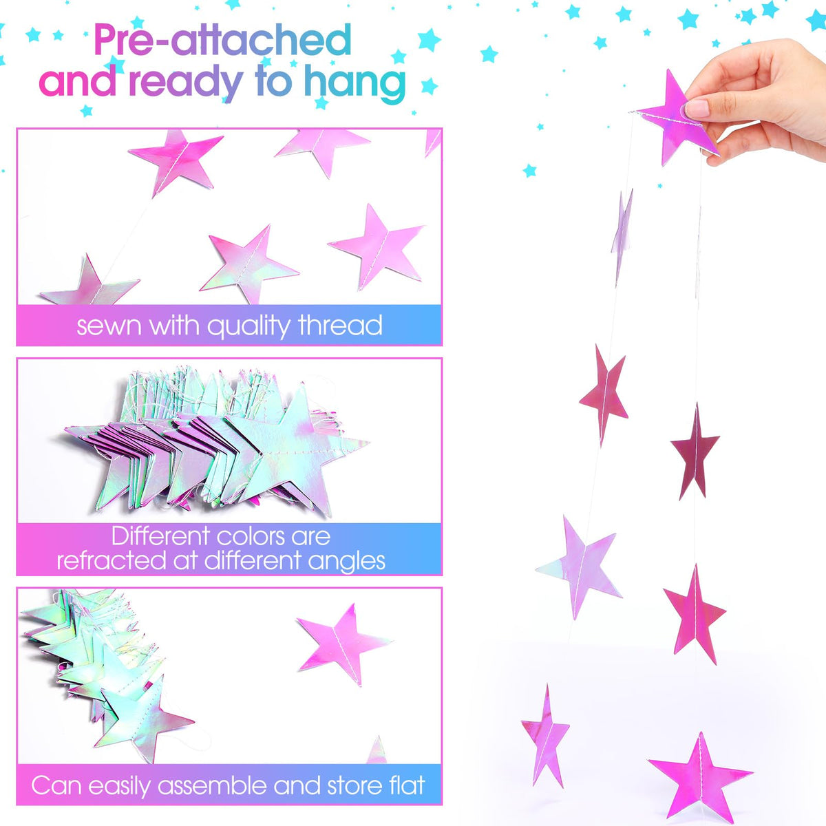 Patelai Glitter Star Garland Banner 2026 Graduation Decor 130 Feet Star Hanging Banner Twinkle Backdrop for Party Birthday Classroom Wedding Supplies(Iridescent Purple)