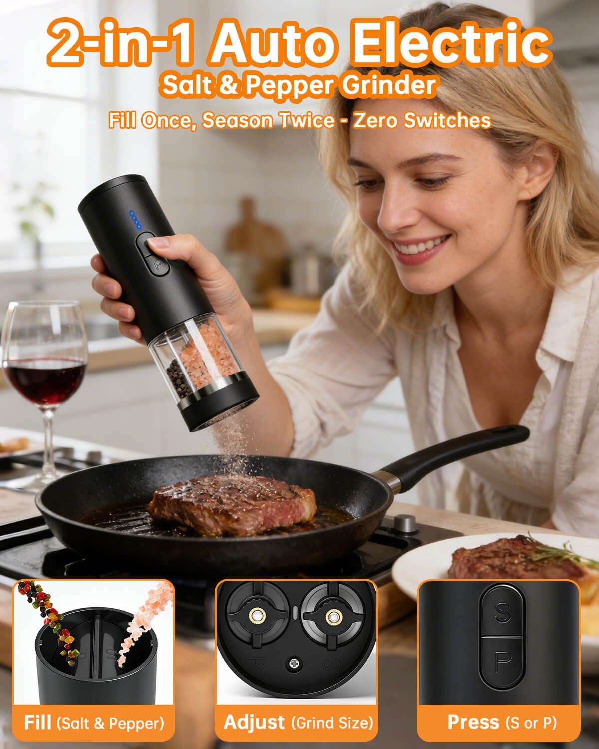Aotto 2-in-1 Electric Salt and Pepper Grinder Set, USB-C Rechargeable Automatic Mill with LED Light, One-Handed Operation, Adjustable Coarseness
