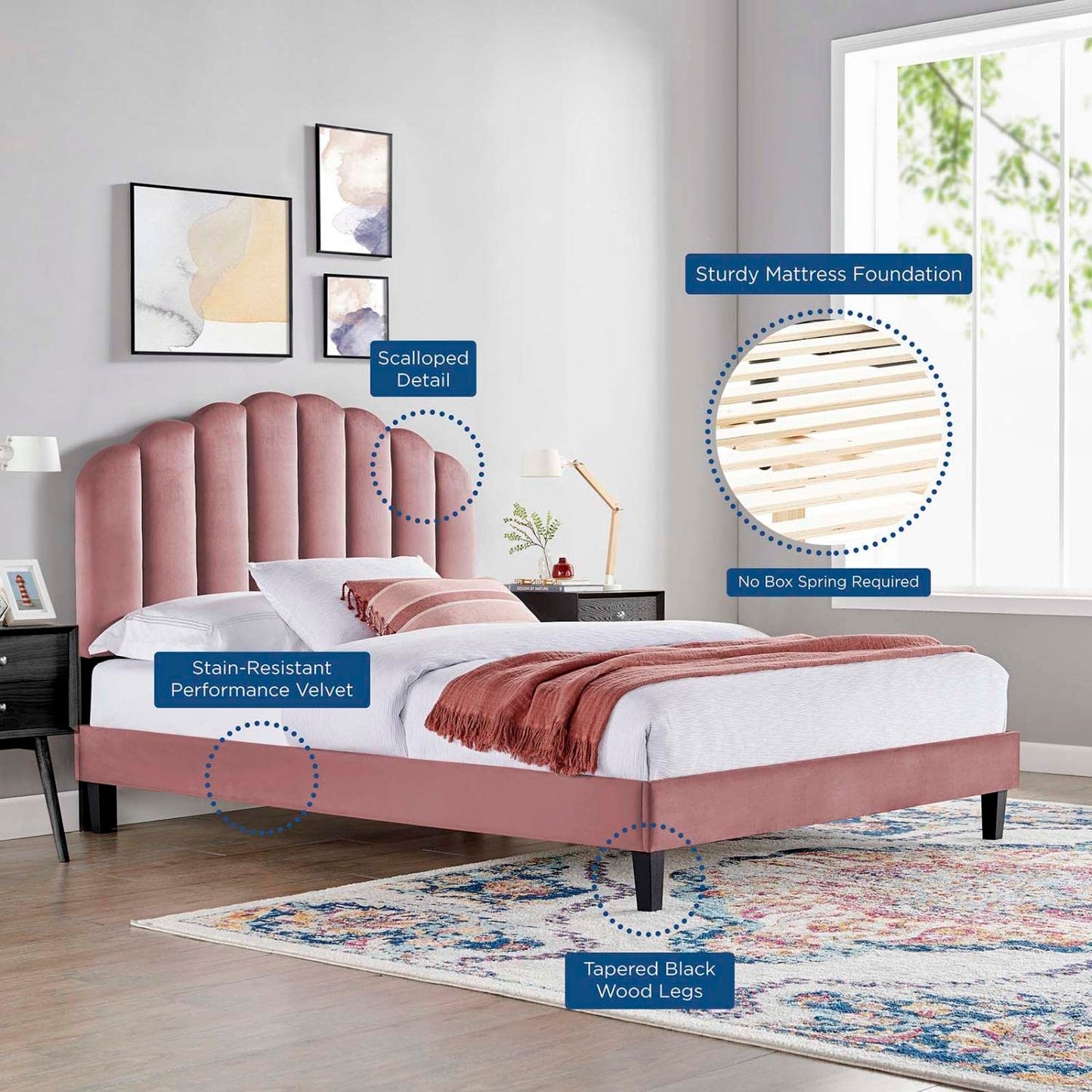Modway Daisy Modern Performance Velvet Twin Platform Bed in Dusty Rose Pink