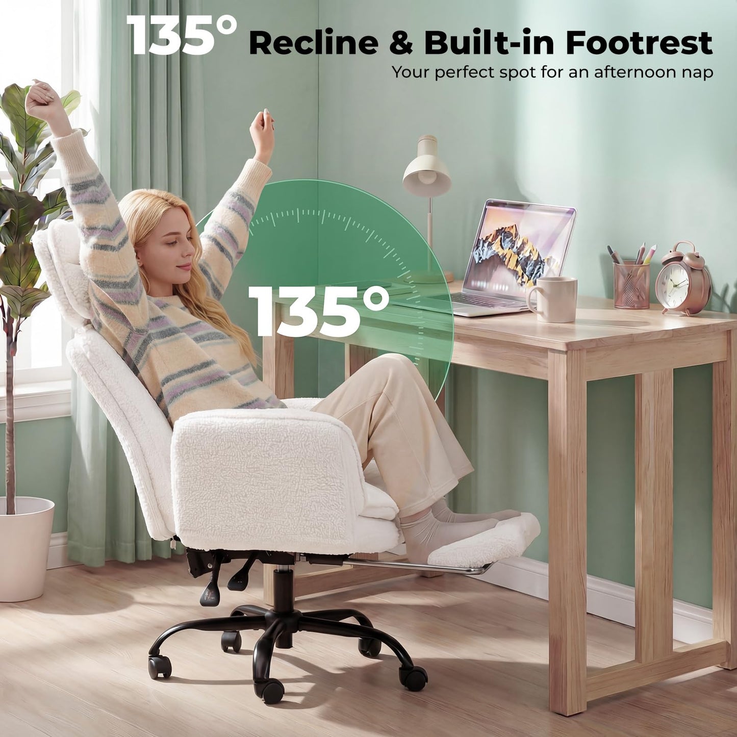 HOMRELEXA Criss Cross Office Chair with Armrests & Wheels, Comfy Velvet Vanity Chair, Ergonomic Executive Gaming Computer Chairs with Foot Rest, Wide Seat Reclining Desk Chair, White