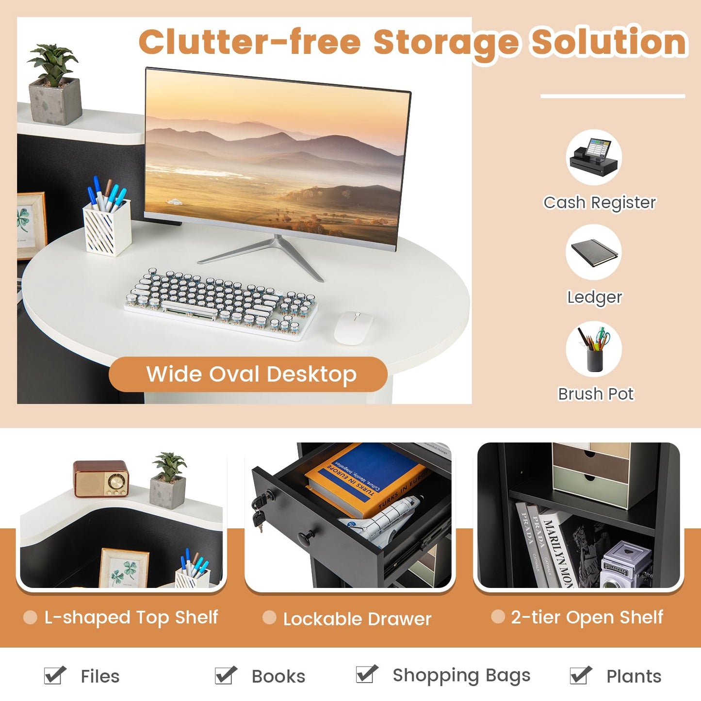 Tangkula Reception Desk, Front Counter Desk with Lockable Drawer & Adjustable Shelf, Oval Desktop, Retail Counter for Checkout, Computer Workstation for Salon Lobby Office, Home Office Desk