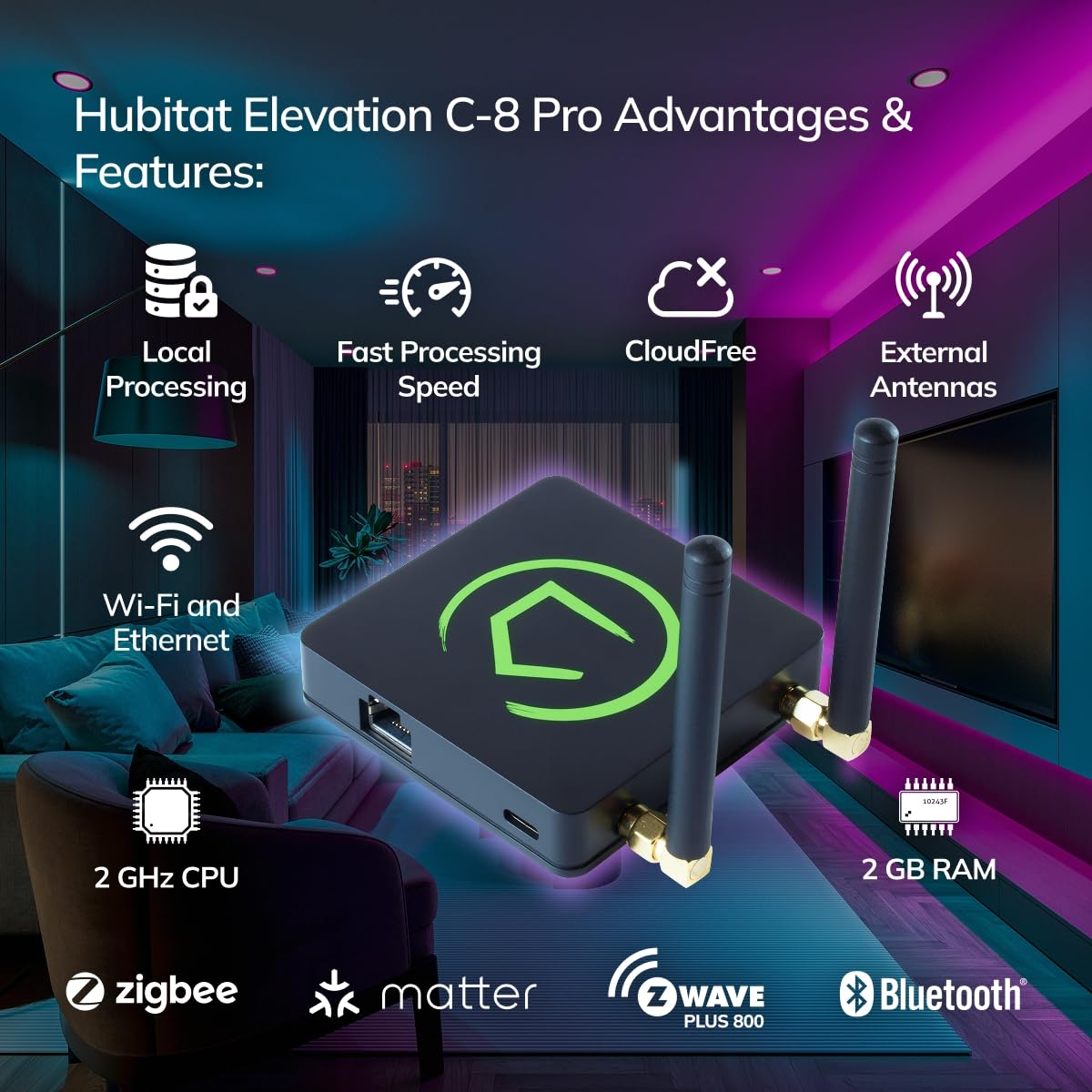 Hubitat Elevation C-8 Pro Smart Home Automation Hub – Matter 1.5, Z-Wave 800 LR, Zigbee 3.0 & Bluetooth – Works with Ring, Alexa, Apple HomeKit & Google Home – Local Control (No Cloud)