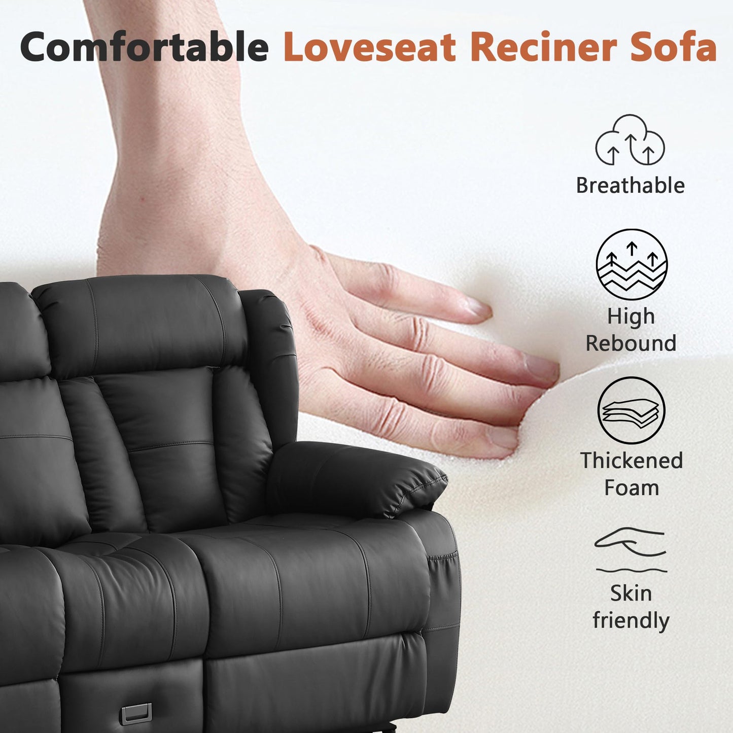 AHMED Reclining Loveseat with Console, Manual Double Recliner Sofa with USB Ports, Cup Holders and Side Pockets, Faux Leather Home Theater Seating Couch for Living Room, Black