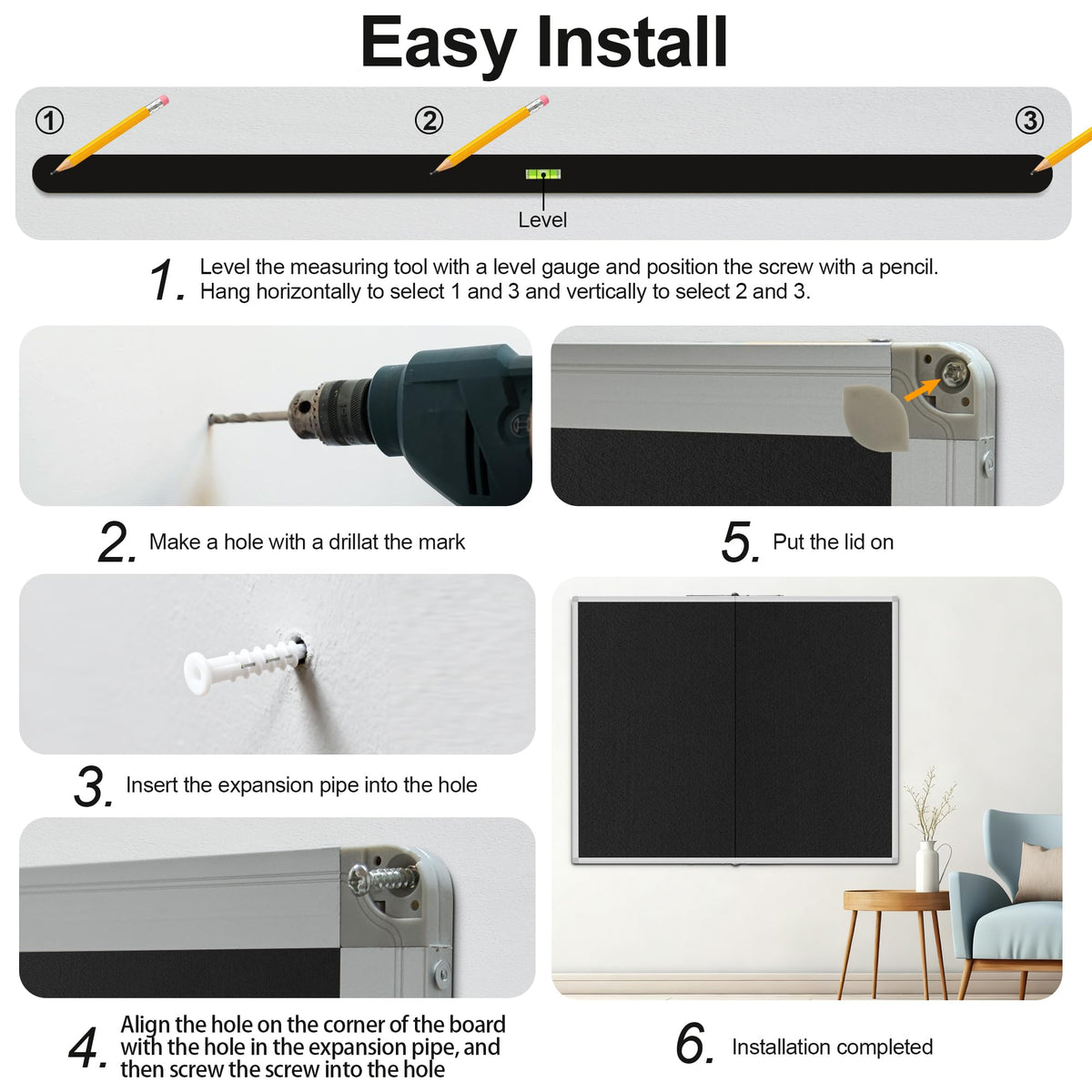 Large Cork Bulletin Board, 48 X 36 in Foldable Silver Aluminium Frame Noticeboard for Wall, 4'x 3' Large Wall Mounted Memo Notice Pin Board with 28 Push Pins for School, Home & Office (Black)