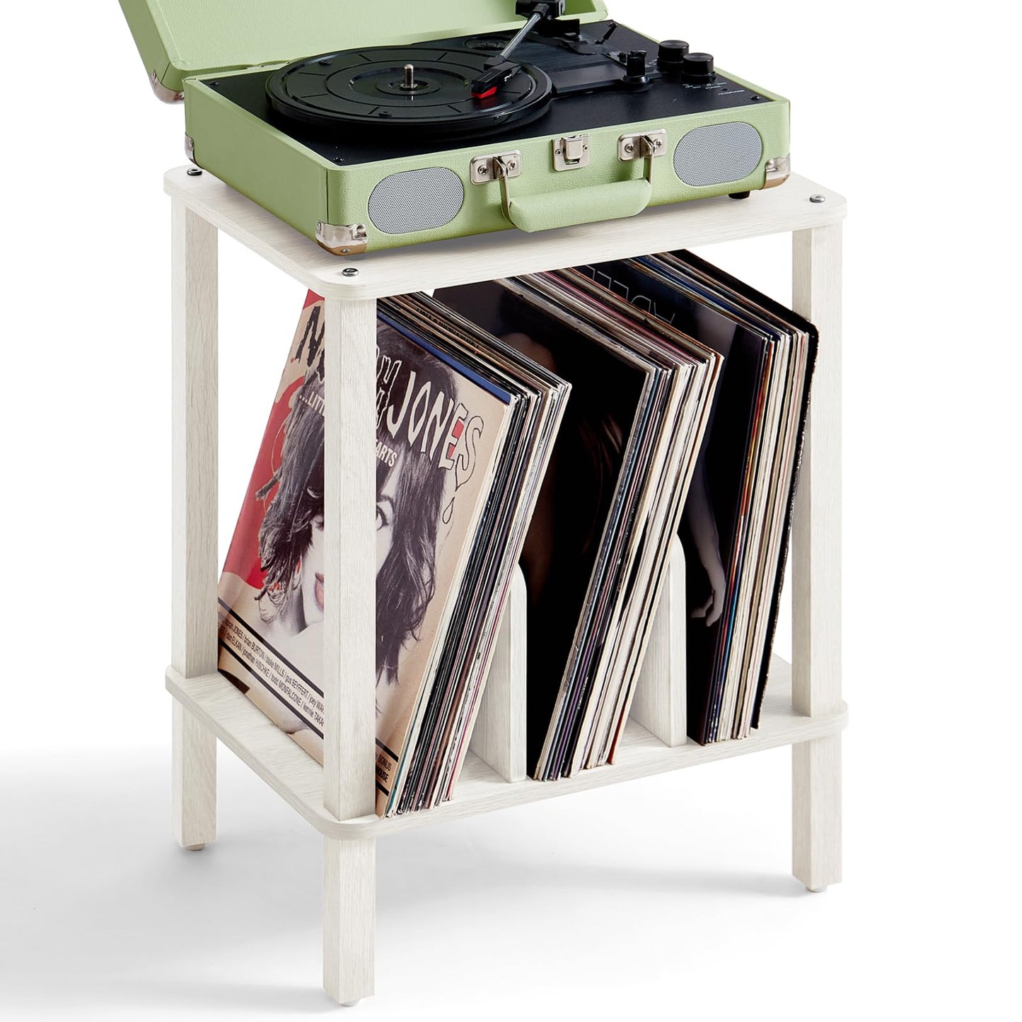 LELELINKY 2-Tier Record Player Stand with Vinyl Record Storage up to 100 Albums, Bedroom Record Holder and Multi-Functional End Table for Living Room, Grey White