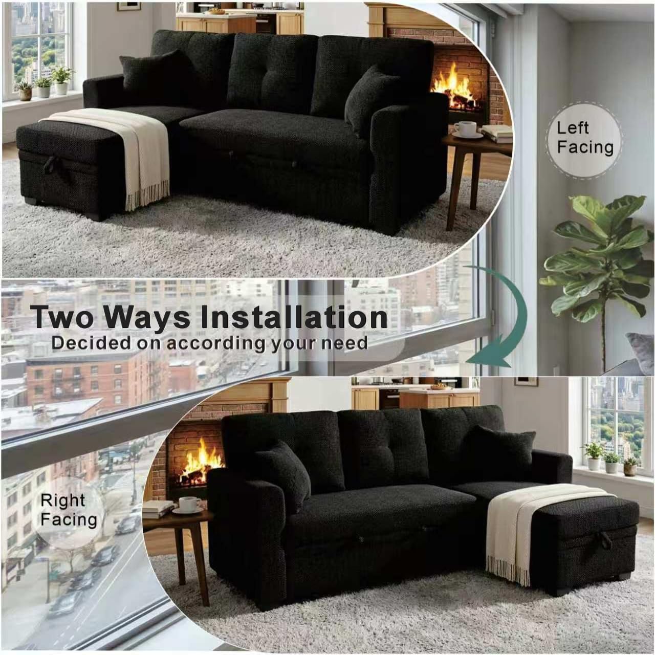 WuerQi 71" Sofa Bed with Queen Size Pull Out Couch, Sectional Sleeper Sofa with Reversible Storage Chaise, L Shaped Couch for Living Room, Apartment and Small Spaces (Black-L)