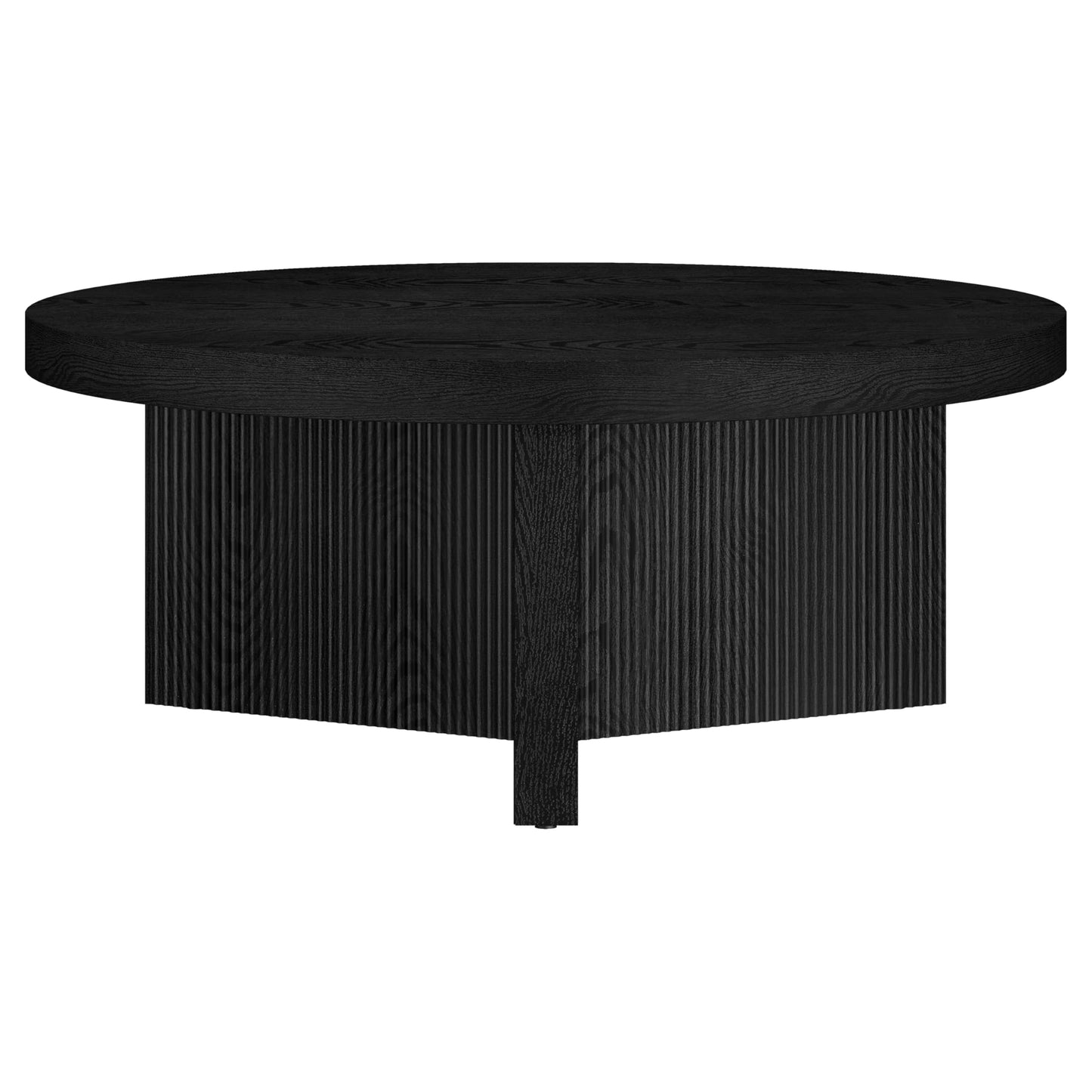 Henn&Hart 36" Fluted Round Low-Profile Coffee Table with Ribbed Pedestal Base for Living Room, Family Room, or Office, Natural Black