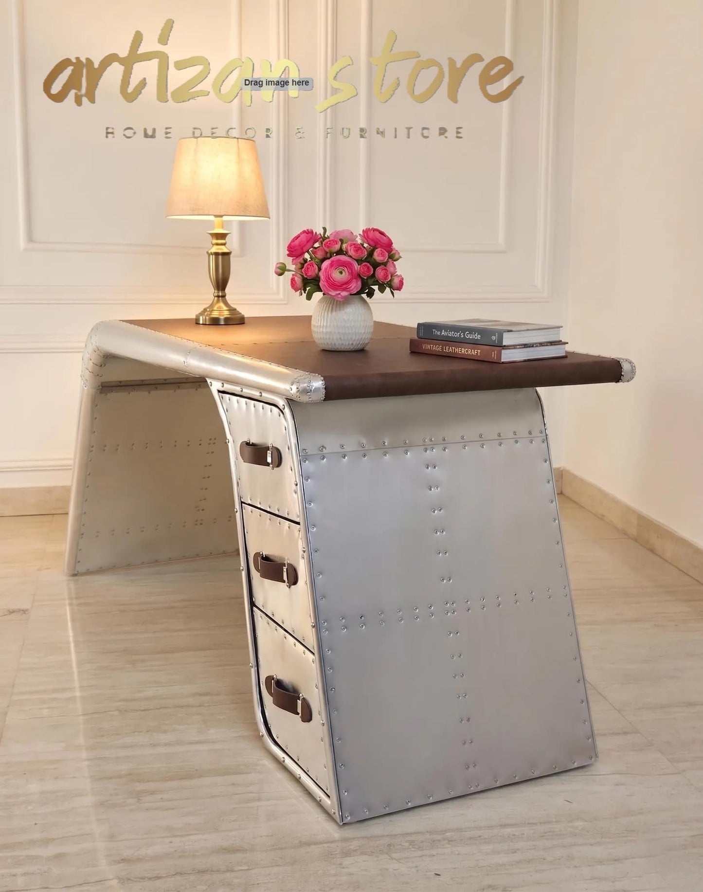 ARTIZANSTORE Industrial Aviator Wing Desk Handcrafted Aluminum Style with Leather Top Finish Office Furniture 68"
