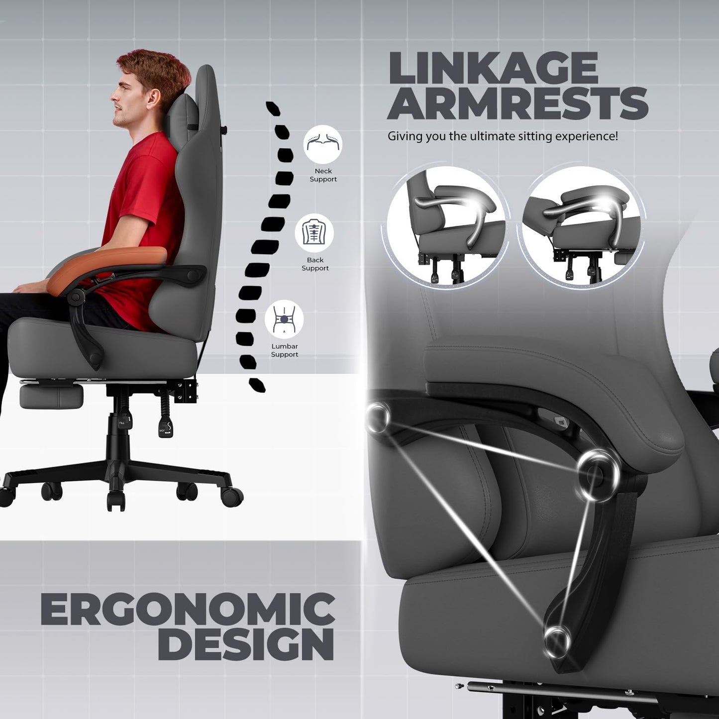 GTPLAYER Gaming Chair with Pocket Spring Cushion, Big and Tall Gamings Chairs 350LBS High Back Computer Chair with Footrest for Adults Lumbar Support Swivel Game Chair for Office, Leather Grey
