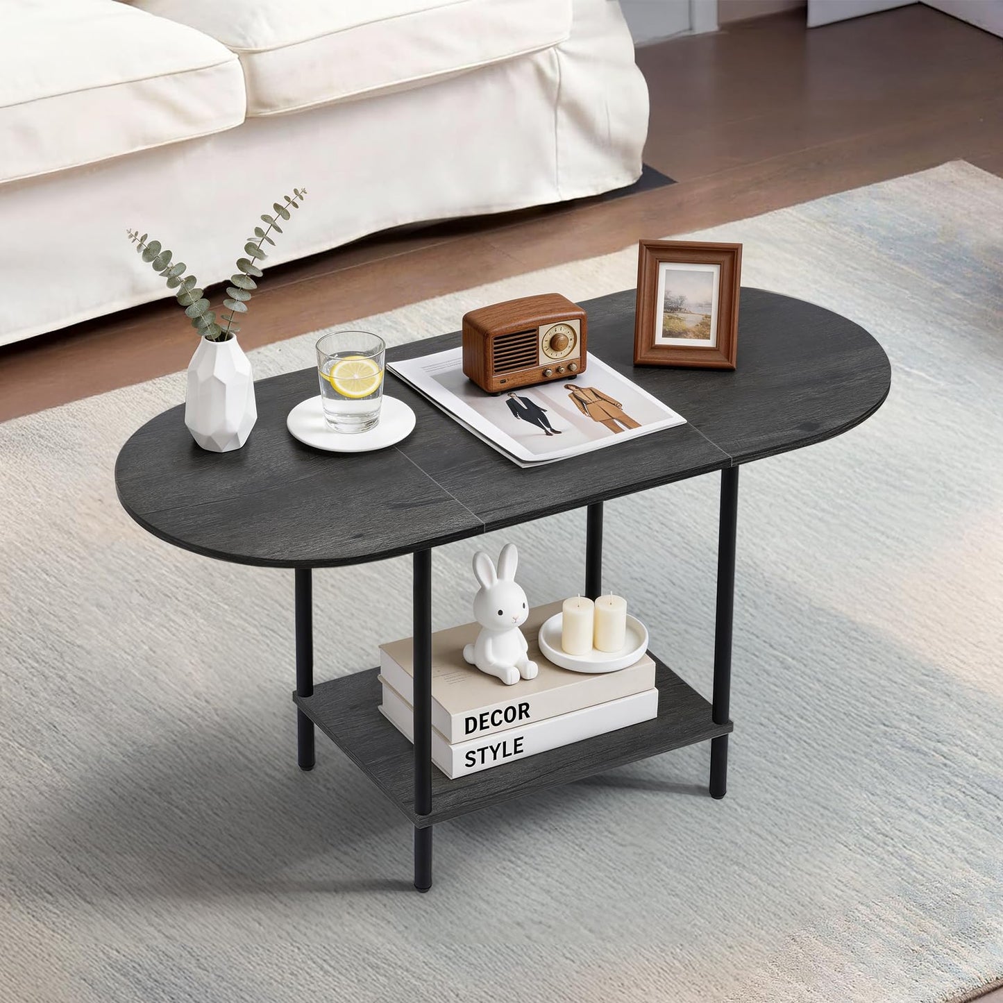 KANEODOT Small Coffee Table,35.4'' Oval Coffee Table with Storage Shelf & Metal Frame,Low Cocktail Tea Accent Table for Apartment,Modern Mid Century Small Living Room Table,Dark Gray