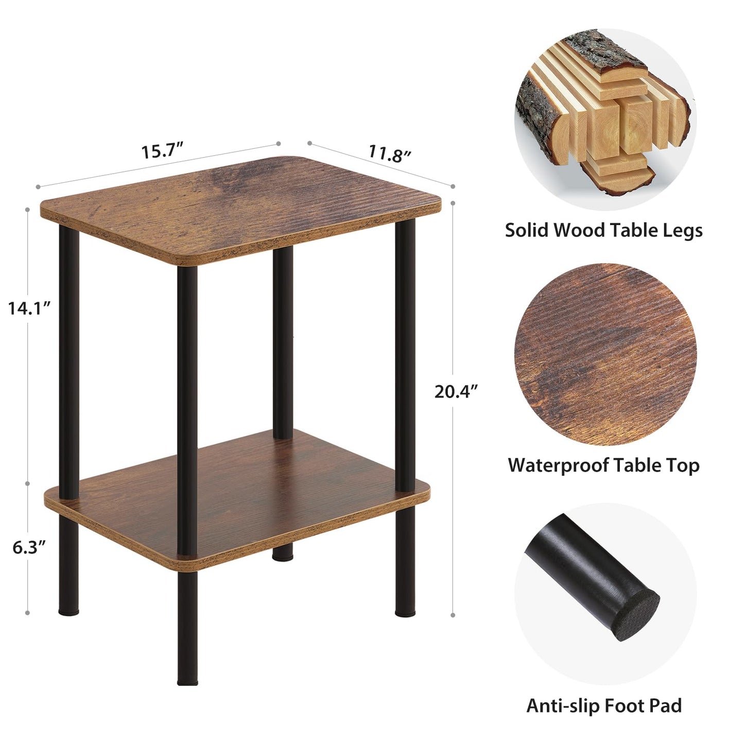 Apicizon 2 Tier End Table, Small Side Table with Solid Wood Legs, Boho Bedside Table with Storage Shelf, Nightstand for Small Spaces, Bedroom, Living Room, Entryway, Farmhouse, Easy Assembly, Brown