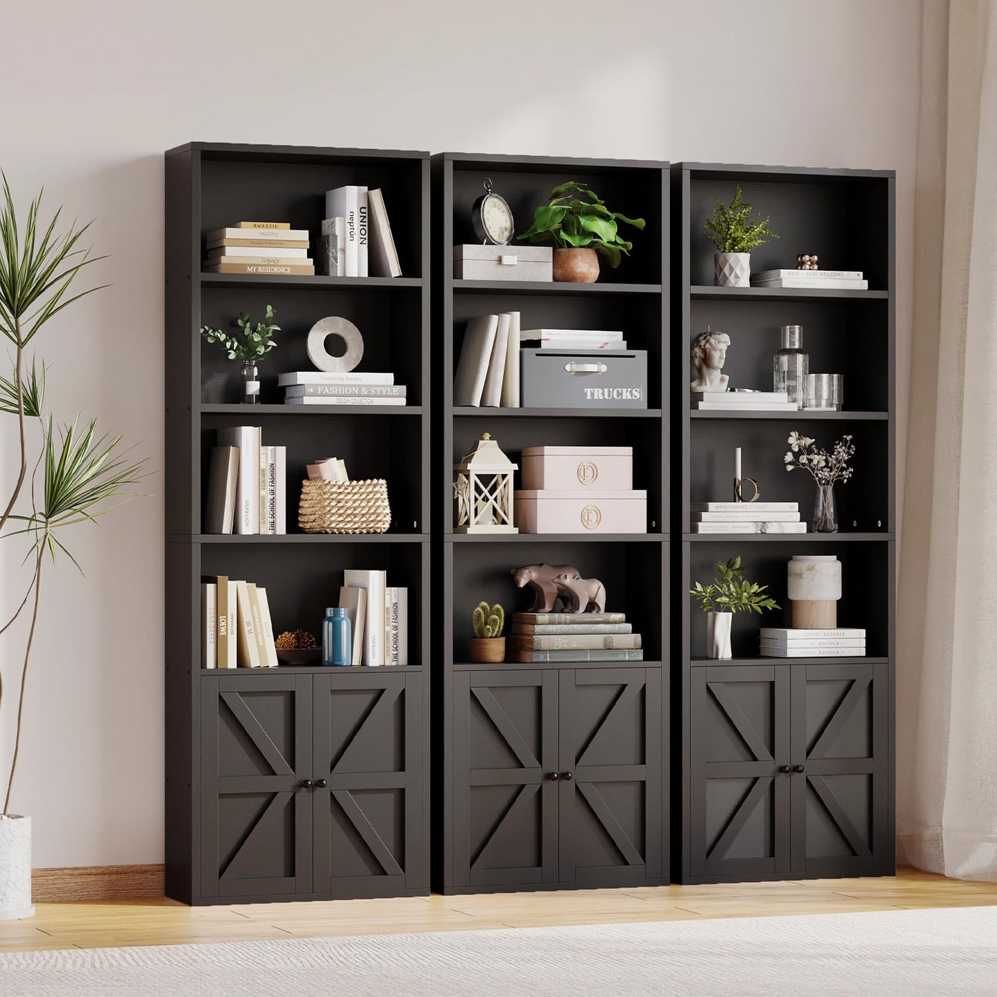 MXV Bookshelf Bookcase with Doors, 6 Tier 71" Tall Wooden Storage Shelves Organizer, Floor Standing Display Cabinet Shelves, Home Decor Furniture for Home Office, Living Room, Bedroom, Black
