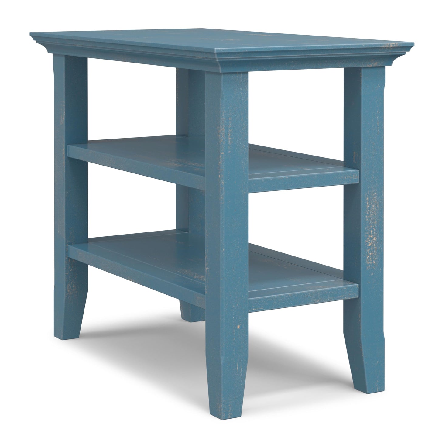 SIMPLIHOME Acadian Narrow Side Table - 14 inch Wide Solid Wood Rectangular End Table with 2 Open Shelves in Distressed Coastal Blue, Transitional Lamp Stand or Nightstand for Living Room or Bedroom