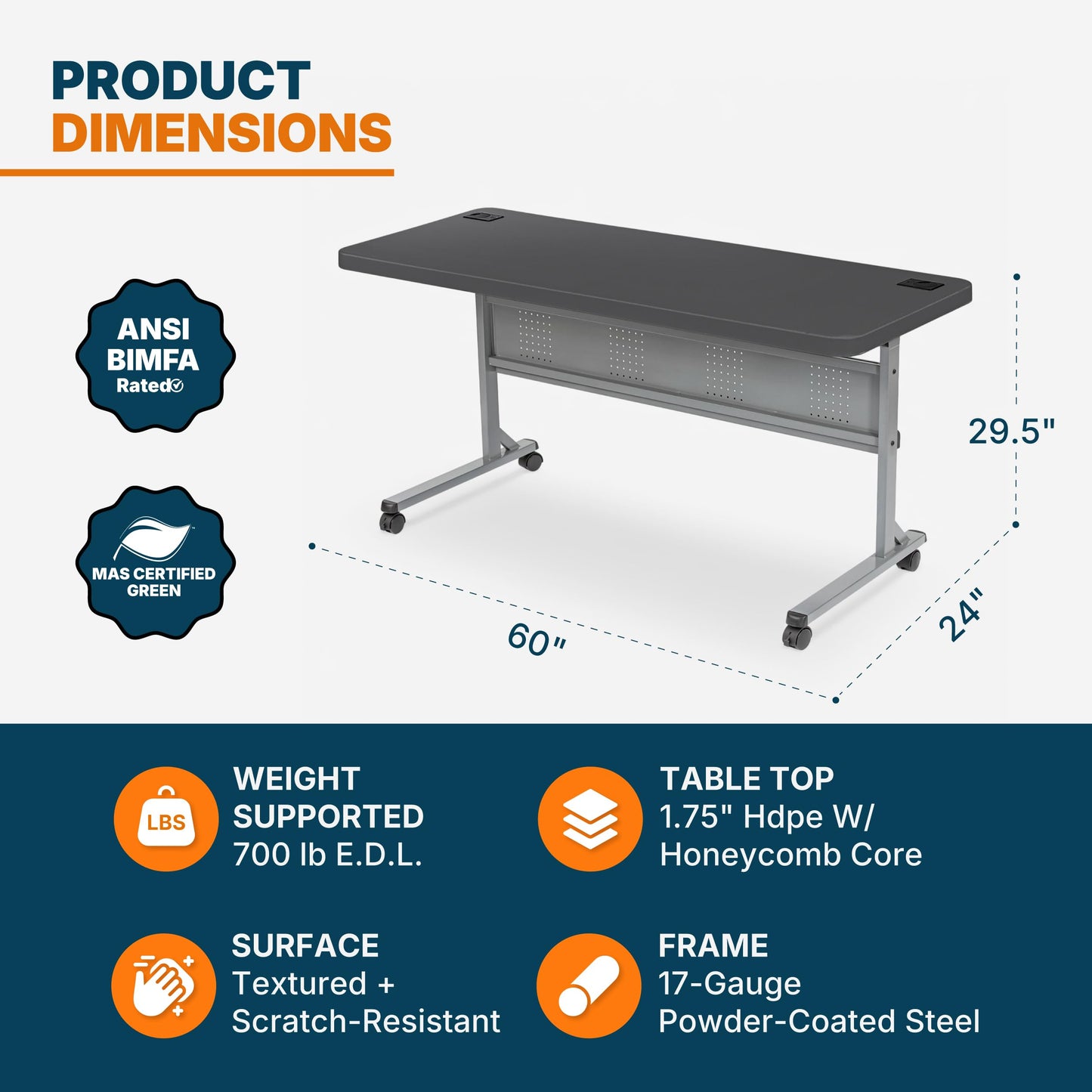 OEF Furnishings OEFBPFT2460-20 Commercial-Grade Premium Industrial Nesting Flip-Top Blow-Molded Training Table with Steel Frame and a 1.75" Thick Surface (24" × 60", Charcoal Slate Top)