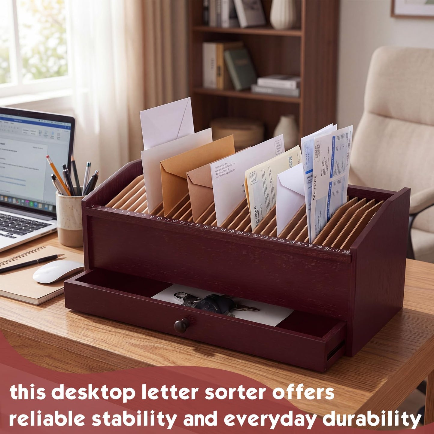 Teecyhooo Wood Desktop Organizer with Drawer, 17 Inch 32 Section Bill & Mail & File Organizer Storage for Office Desk, Desktop Mail Holder and Office Supplies Storage, Letter and Paper Sorter(Brown)