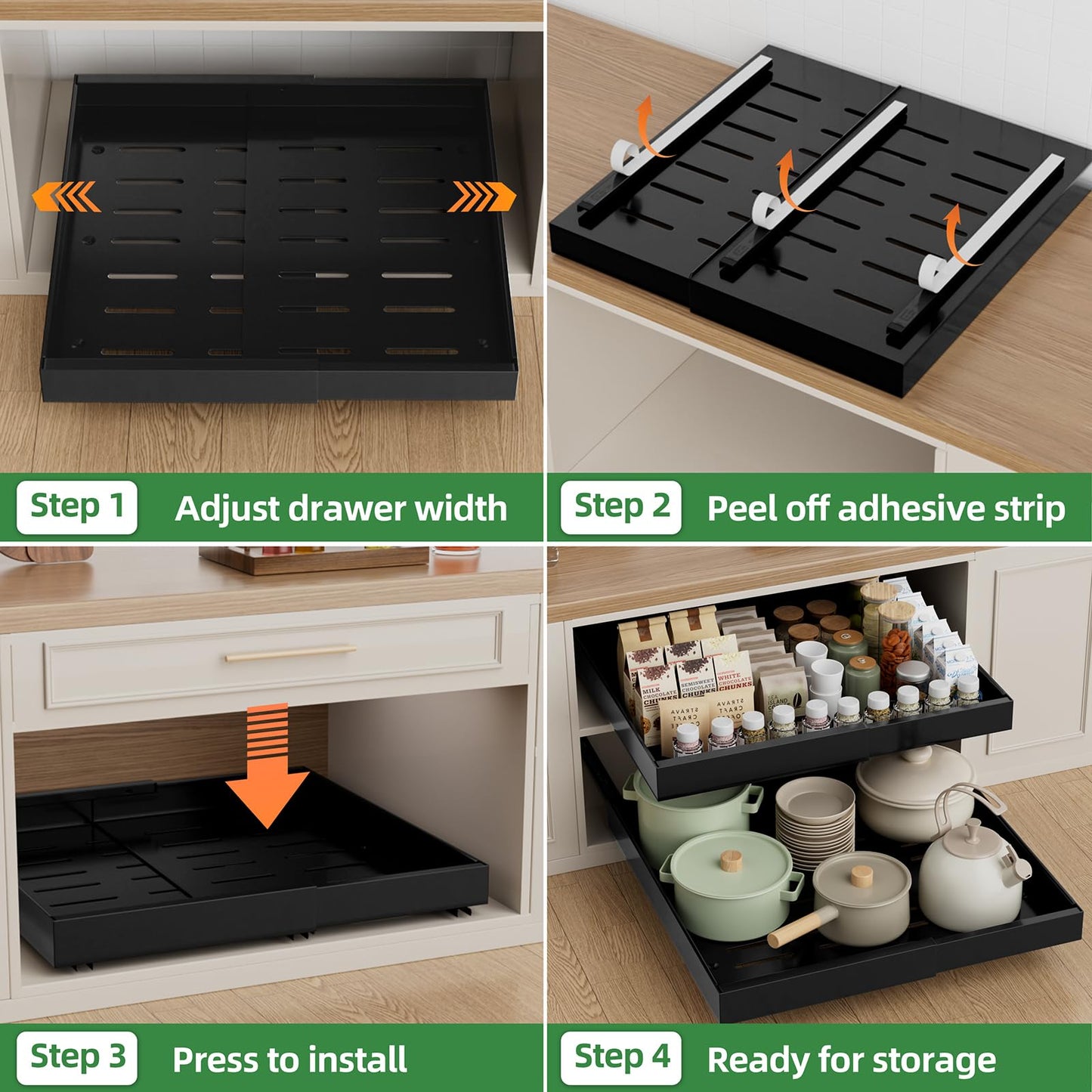 PAKETA 4 Pack Expandable Pull Out Cabinet Organizer, 21'' Deep Pull Out Drawers for Cabinets,Upgrade 3 Slide Rails Sliding Drawer for Kitchen Cabinet Organizer with Adhesive Nano Film (Black)