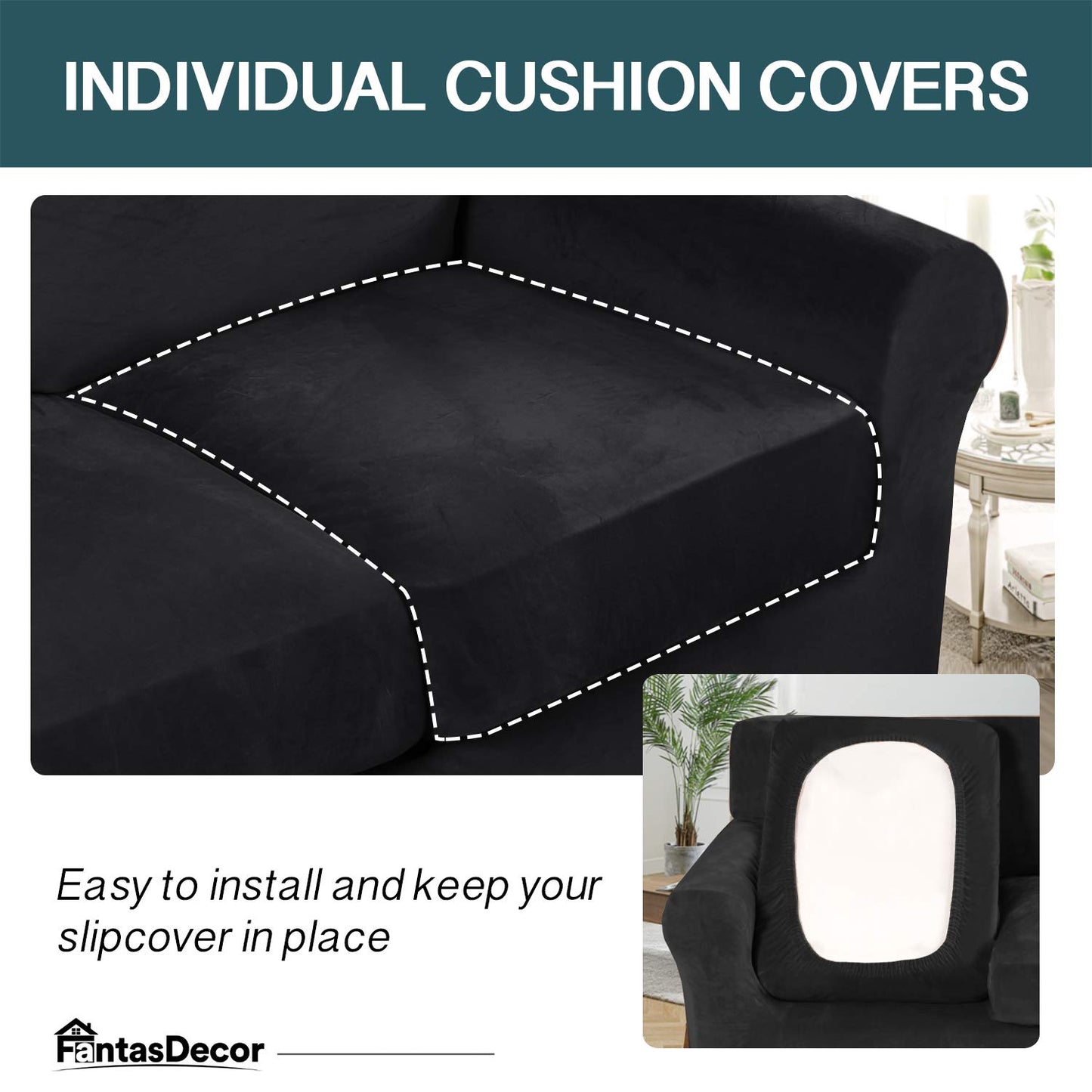 FantasDecor 3 Piece Sofa Covers Velvet for 2 Cushion Couch Stretch Loveseat Slipcover with Individual Seat Elastic Furniture Protector for Pets (Loveseat, Black)