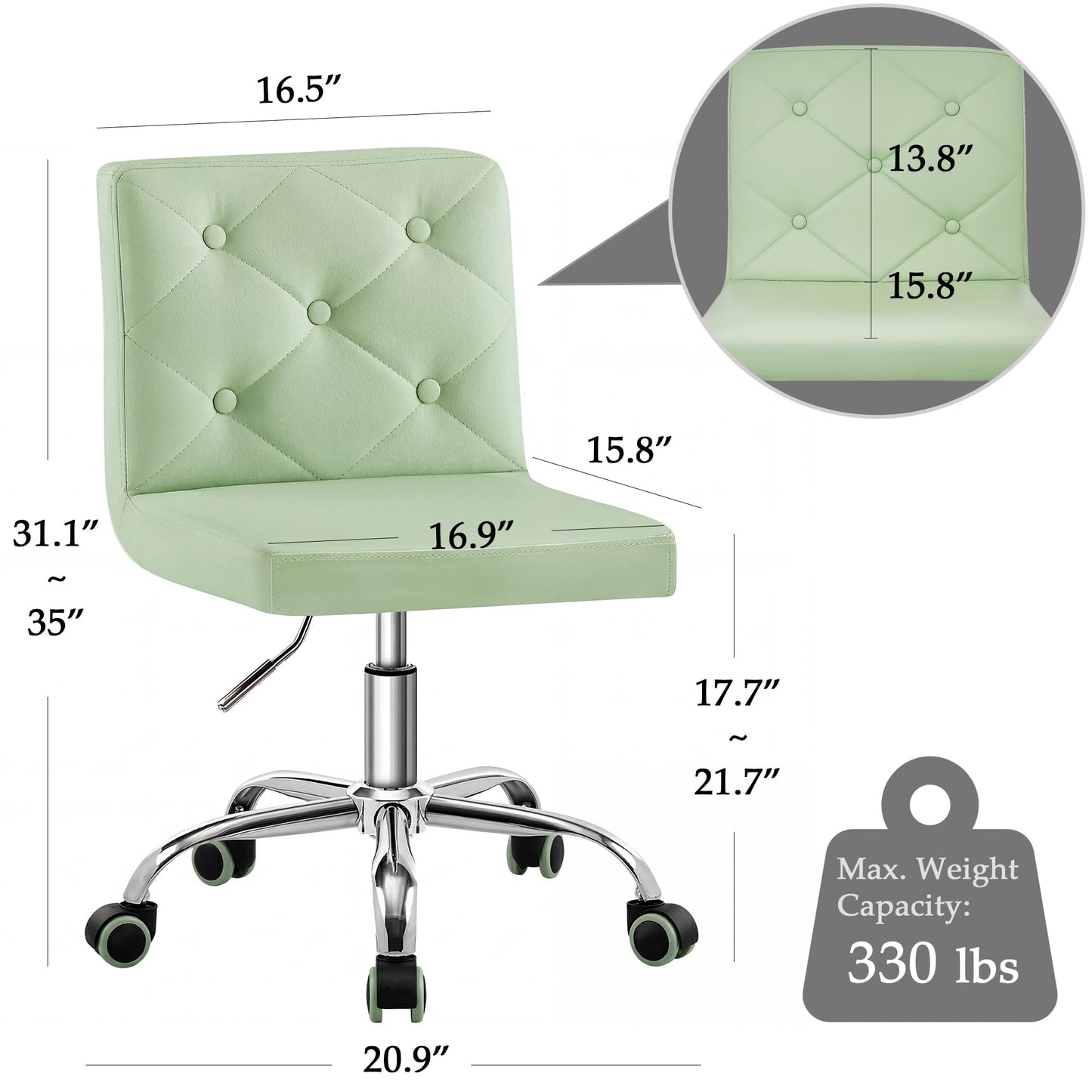 VECELO PU Leather Mid-Back Armless Vanity Chair Adjustable Height 360° Rolling Swivel for Home Office Work