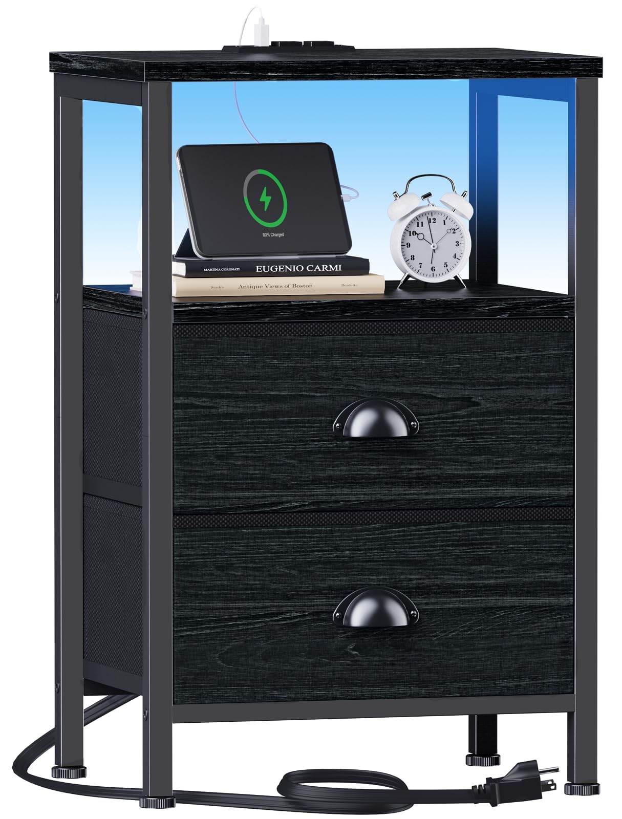 Furologee Nightstands with Charging Station, End Table with LED Lights, Black Night Stands with 2 Fabric Drawers, Bedside Tables with Shelves for Living Room/Bedroom,Black Oak