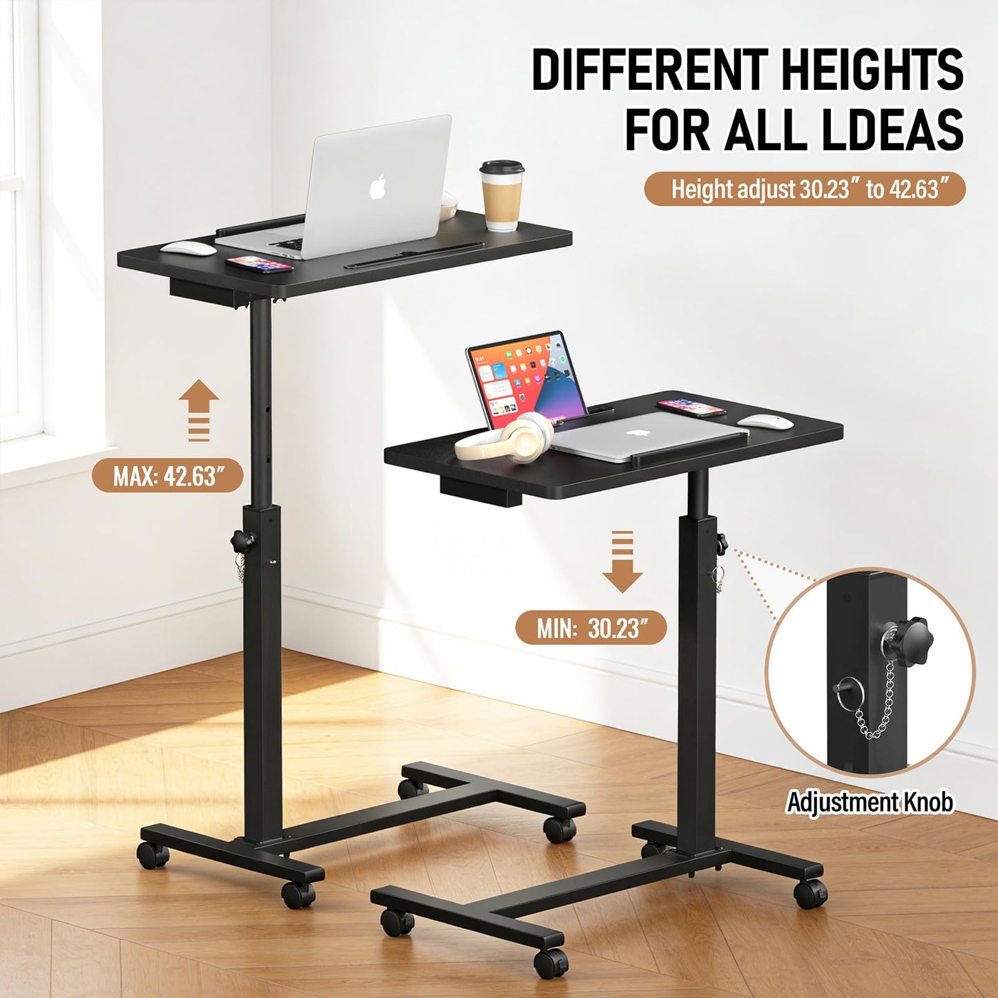 Eocnrhe Adjustable Overbed Bedside Table, Hospital Bed Table with Wheels, Portable Rolling Desk, Mobile Small Standing Desk, Rolling Laptop Stand, Computer Cart