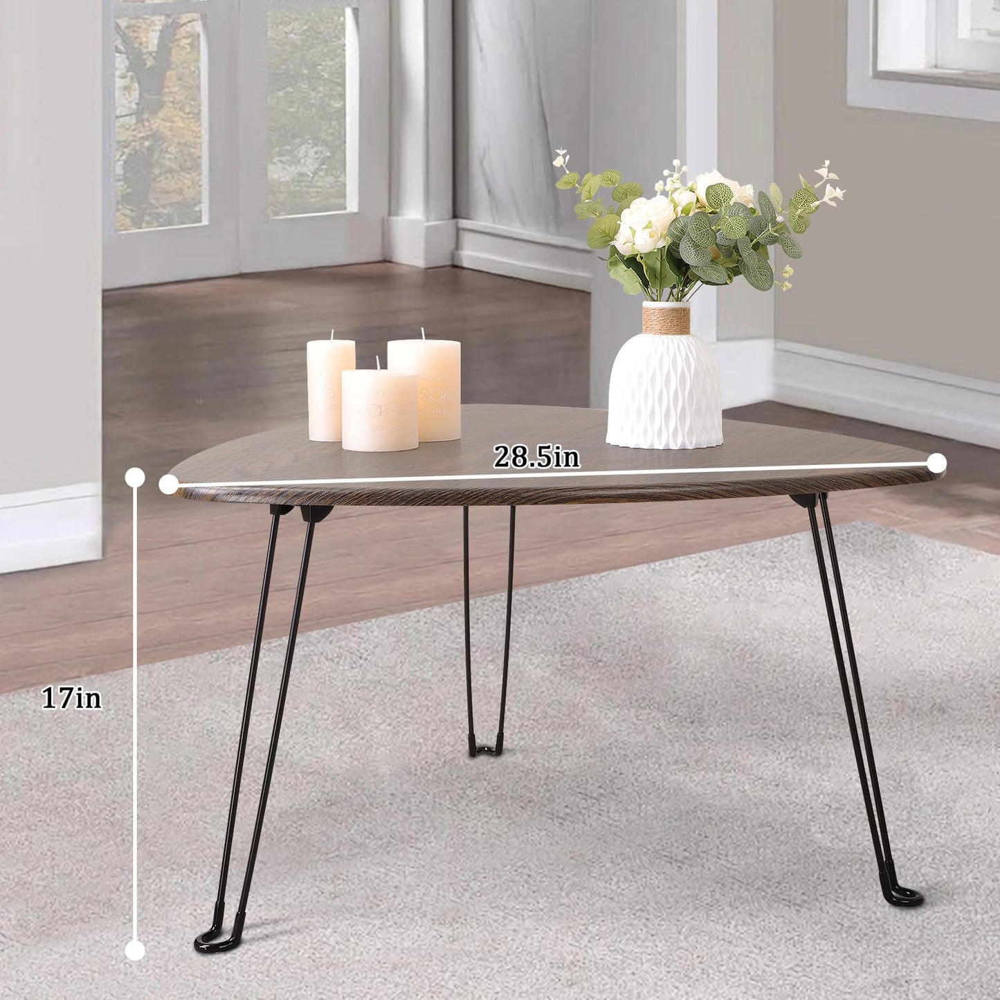 FEUFOAM Folding Coffee Tables for Small Spaces Foldable Industrial Sofa Center Table Triangle Design Wood Framed Coffee Table Mid Century Rustic Brown Floor Desk for Living Room Balcony