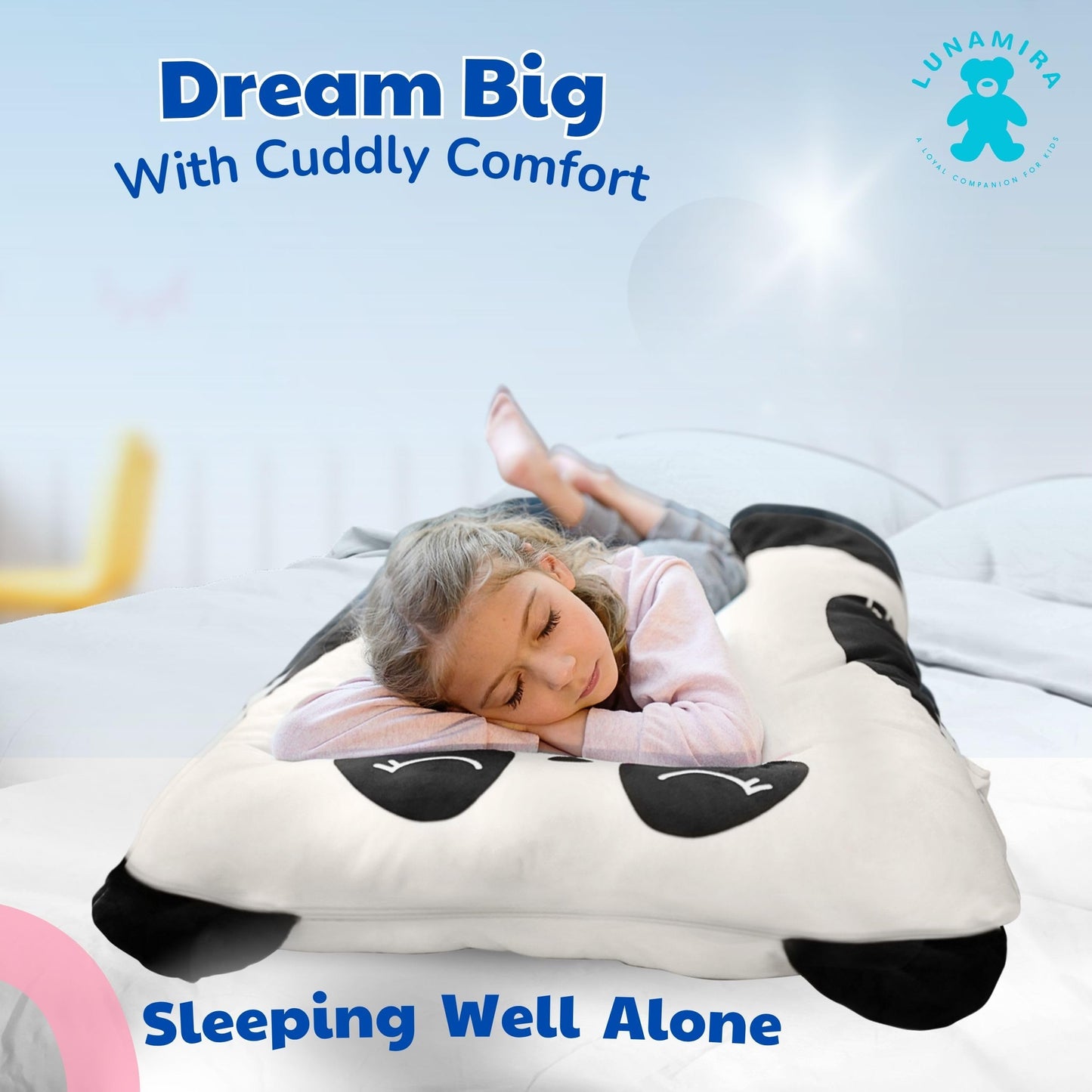 LUNAMIRA Panda Kids Body Pillow - 47" U-Shape Long Plush Soft Animal Pillow for Kids, Sleeping, Reading, ADHD & Special Needs Comfort, Anxiety, Washable Cover, Snuggle Fun Cuddle Gift for Boys & Girls