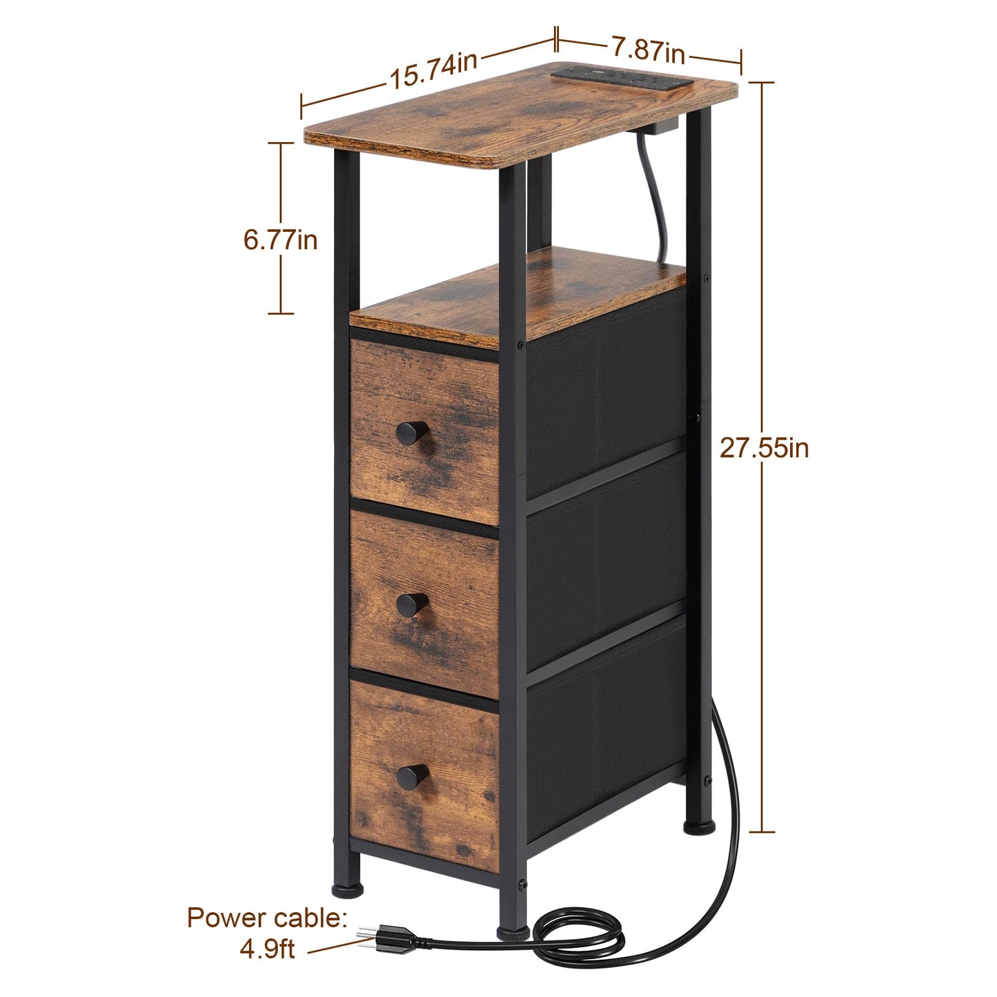 LOAKEKEL Narrow End Table Living Room with Charging Station, Skinny Side Table with Fabric Drawers, Slim Nightstand for Bedroom, Small Spaces, Couch, Brown, HETNDP03BR-1