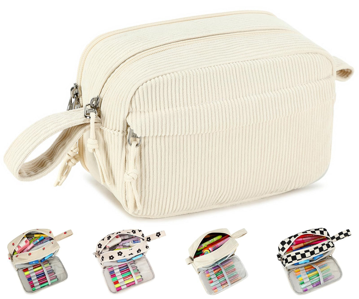 Bluboon Large Capacity Pencil Case Pencil Pouch Pen Case School Supplies Cute Corduroy Pencil Box Pencil Bag for Teen Girls Boys Women Mens Makeup Bag (Beige A)