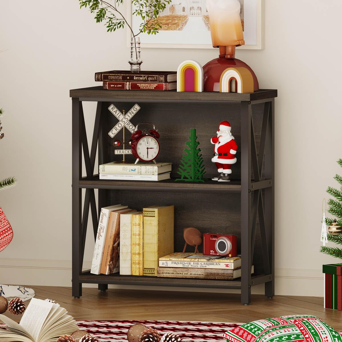 FATORRI Rustic Small Bookshelf for Small Space, Industrial Short Wood Bookcase, Farmhouse Low Book Shelf, 3 Tier Narrow Bookshelf for Living Room, Home Office, Hallway (Walnut Brown)