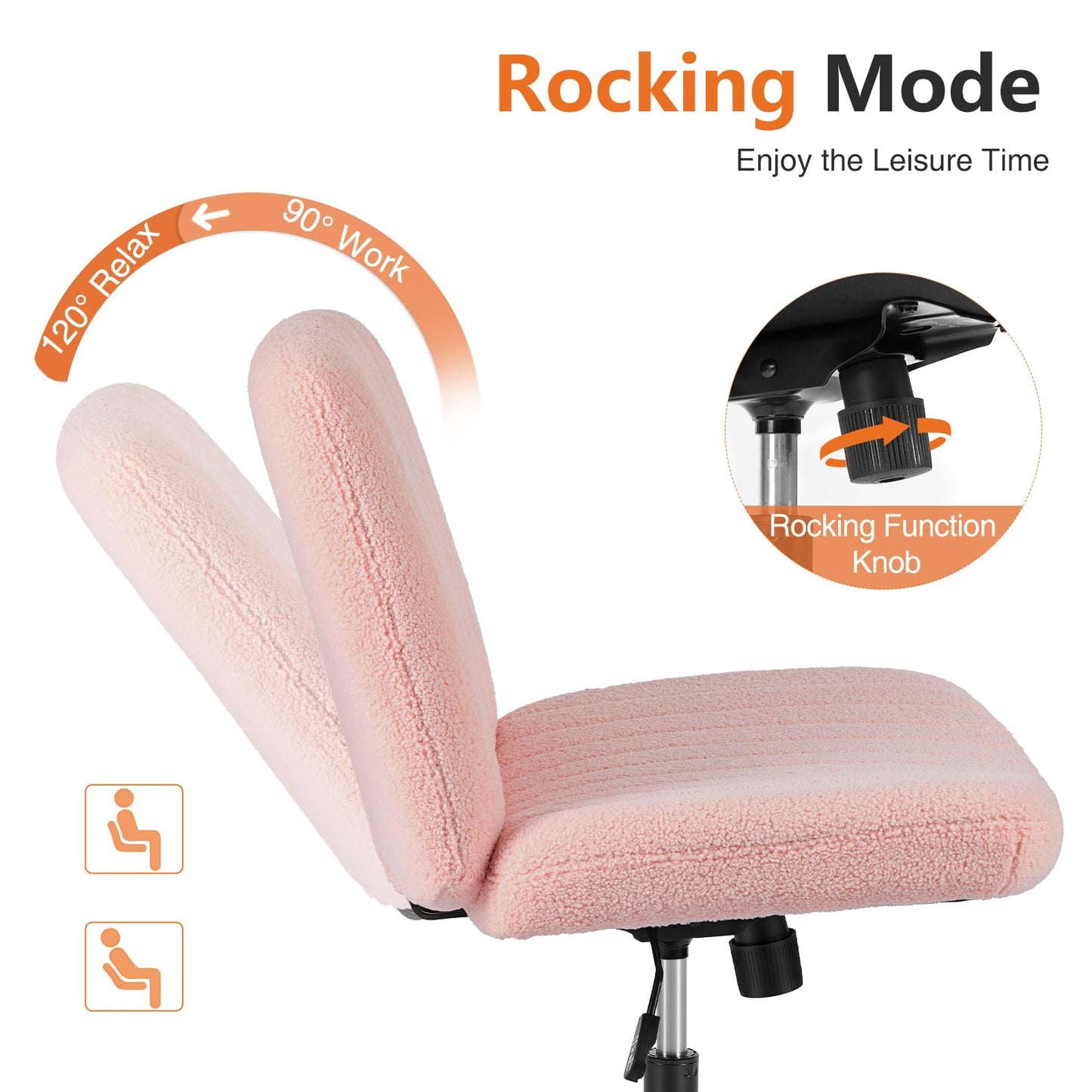 Sweetcrispy Criss Cross Chair Legged, Furry Armless Office Swivel Desk Chairs No Wheels, Vanity Height Adjustable Wide Seat Comfy Cute Computer Task Chair for Home Bedroom, Teddy Pink