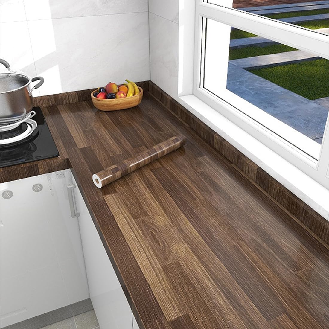 Dark Brown Butcher Block Contact Paper Peel and Stick Kitchen Countertop Wallpaper Shelf Liner Roll for Bathroom Counter Table Laundry Room Wall Decor 15.7x117 Inches