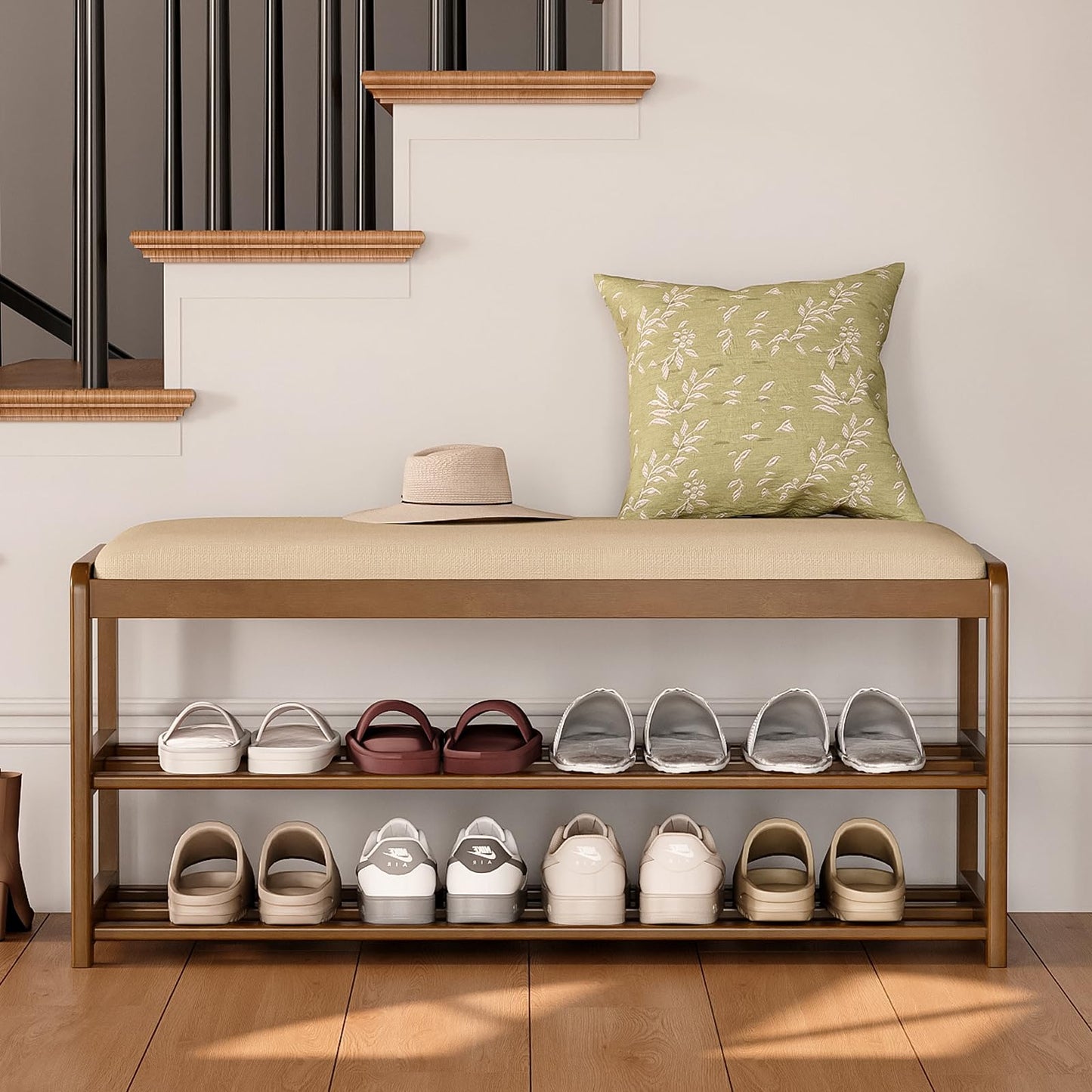 Welfuturer 2-Tier Bamboo Shoe Bench with Cushion and Hidden Drawer, Entryway Shoe Rack Organizer with Storage for Hallway, Bedroom, Front Door, Mudroom Seating Bench, Walnut