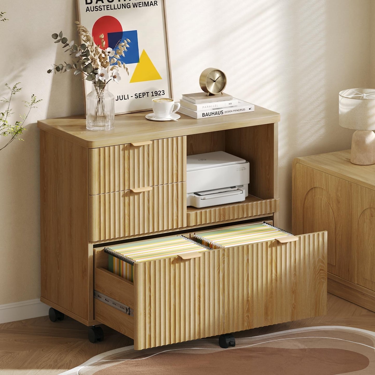 Bestier 3 Drawer File Cabinet, Decorative Fluted Wood Lateral Filing Cabinet with Caster for Home Office, Fits for A4/Letter/Legal-Sized Files, Printer Stand with Open Storage Shelves, Oak