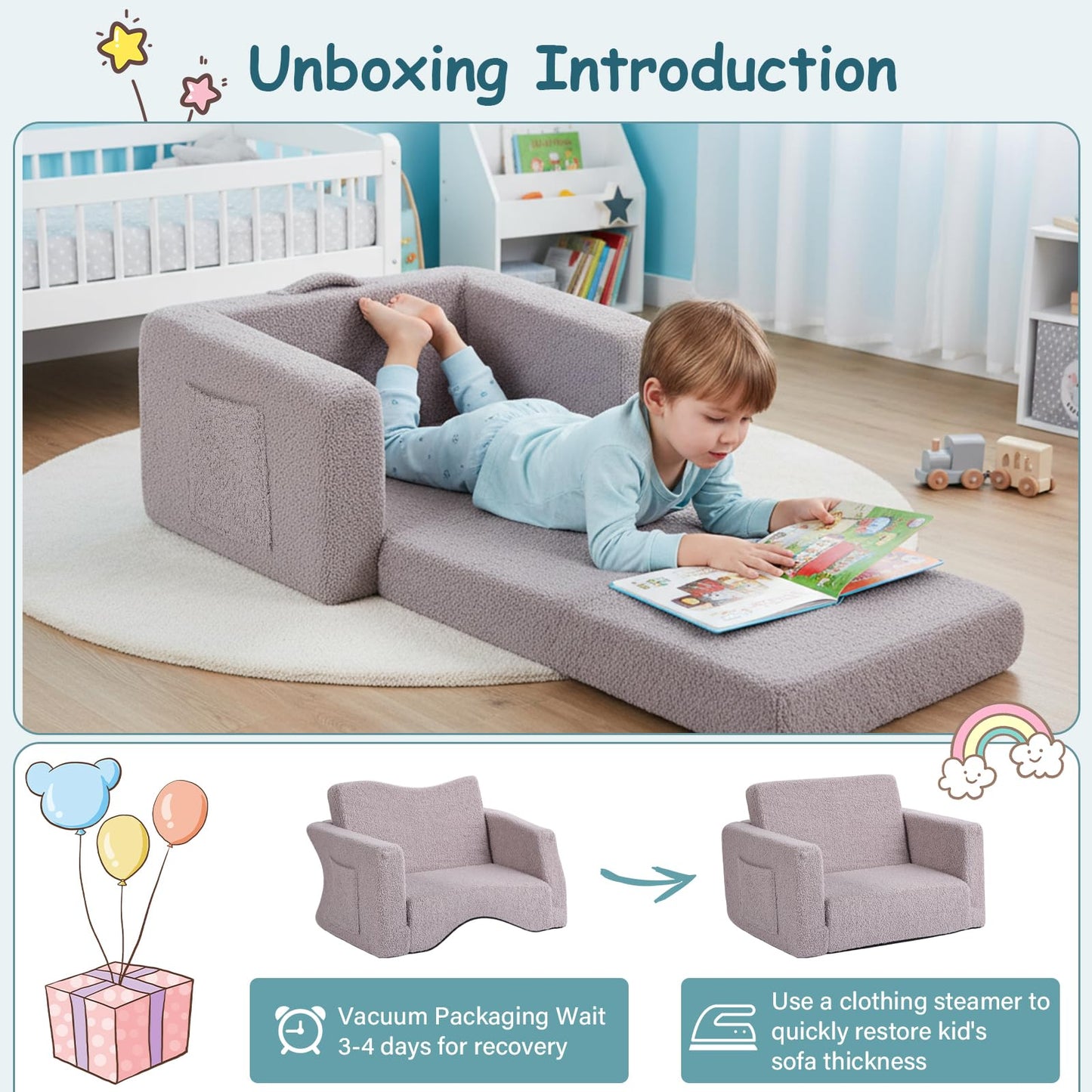 Tiita Kids Sofa, 2-in-1 Todder Couch, Convertible Children Couch to Lounger, Flip Out Kids Sofa Chair, Toddler Armrest Chair Bed, Folding Kids Play Sofa for Girl or Boy (Grey)