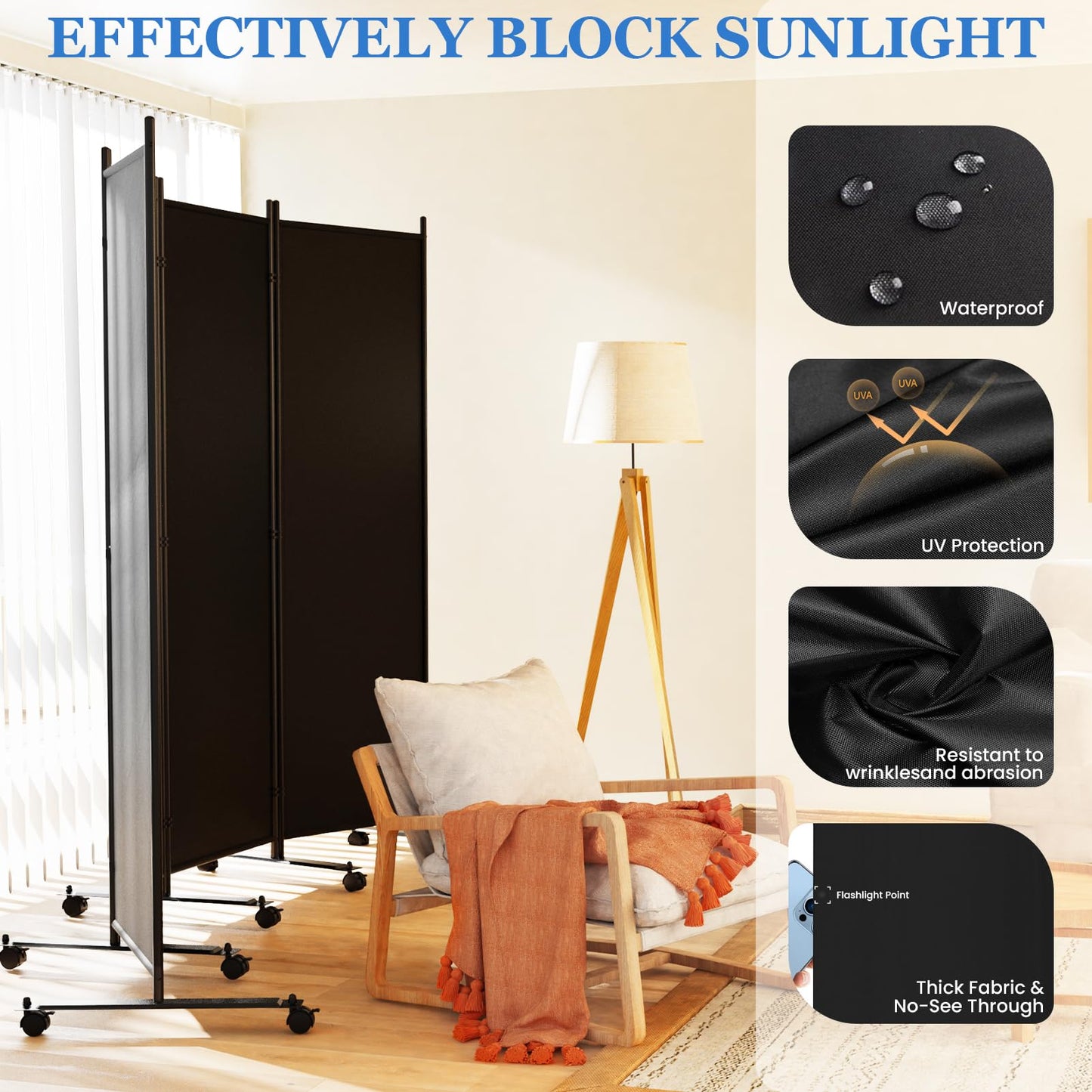 SUNALLY Room Divider 6FT Folding Privacy Screens with Lockable Wheels, 6 Panel Room Partition for Room Separator, 132" W Freestanding Portable Fabric Wall Dividers for Home Dorm Studio Office, Black