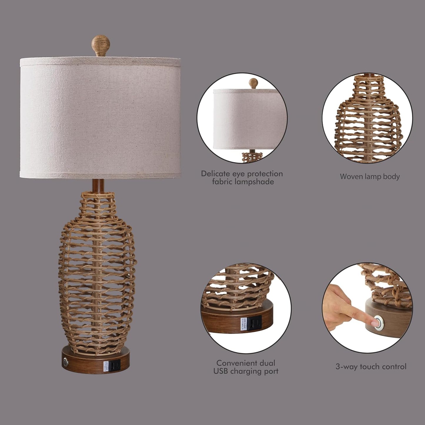 YIMNOVP Rattan Table Lamps Set of 2 Wicker Lamps 3 Way Dimmable Touch Control Farmhouse Rustic Coastal Lamps with USB Port for Bedroom Living Room Office (LED Bulbs Included)