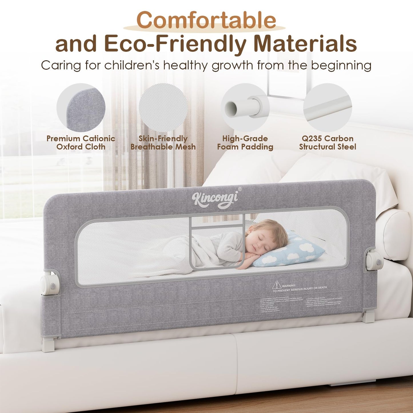 Kincongi Bed Rail for Toddlers, 59 Inch Wider U-Shape Base Toddler Bed Rails, Swing Down Breathable Baby Bed Rail Guard for King, Queen, Full, Twin Bed Guard Rail for Toddlers