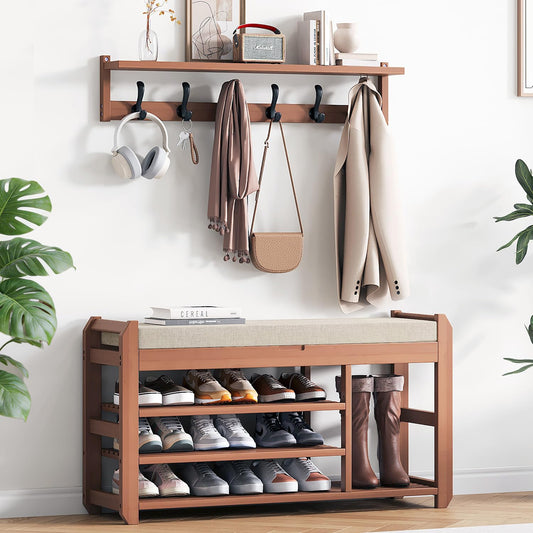 ACSWOD 39.4" Bamboo Shoe Bench with Cushion, 6 Hooks Coat Rack, 3-Tier Adjustable Storage Bench for Entryway, Heavy Duty Shoe Rack Organizer with Removable Soft Cushion for Living Room Bedroom Hallway