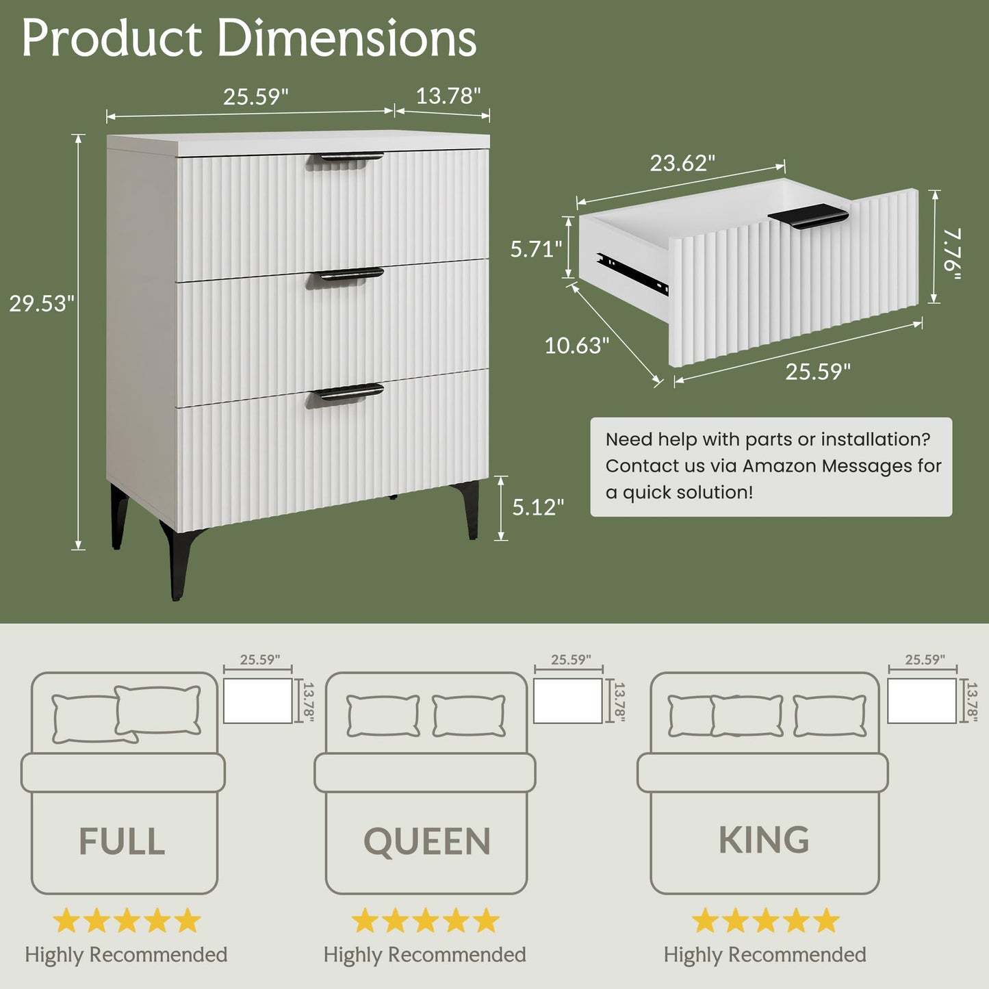 GRAINLLE Wood Night Stand Fluted Dresser for Bedroom 3 Drawers End Tables Nightstand, Storage Modern Side Table Natural White Bedside Table