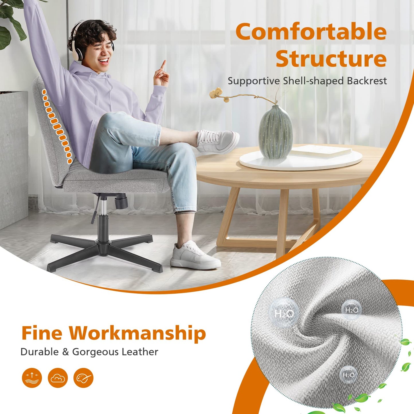 Sweetcrispy Criss Cross Chair Legged, Armless Office Swivel Desk Chairs No Wheels, Vanity Height Adjustable Wide Seat Comfy Cute Computer Task Seating for Home Bedroom, Grey