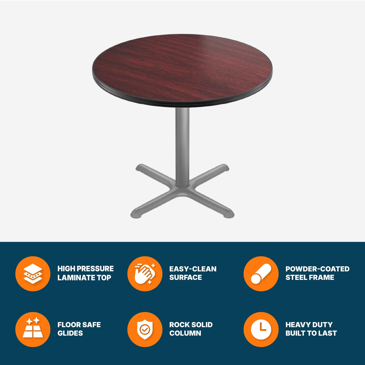 OEF Furnishings OEFCTG13636XDMY Premium Commercial-Grade Restaurant and Breakroom Cafe Table (Round, 36 in Diameter, 30 in Dining Height, X-Base, Gray Frame, Mahogany Laminate)