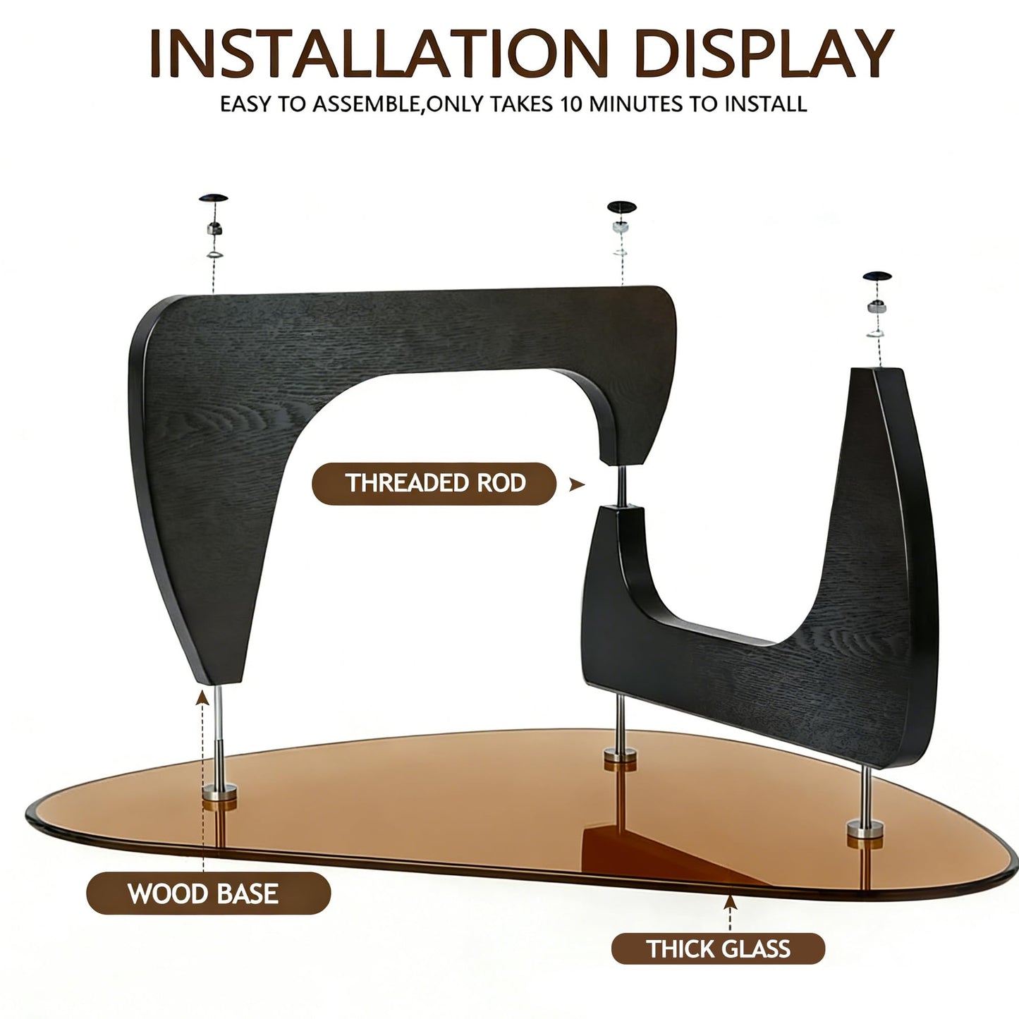 Small Coffee Table, Mid Century Modern Black Coffee Table for Living Room, Abstract Center Tables with Brown Tempered Glass Top, Minimalist Tea Cocktail Tables, Easy Assembly